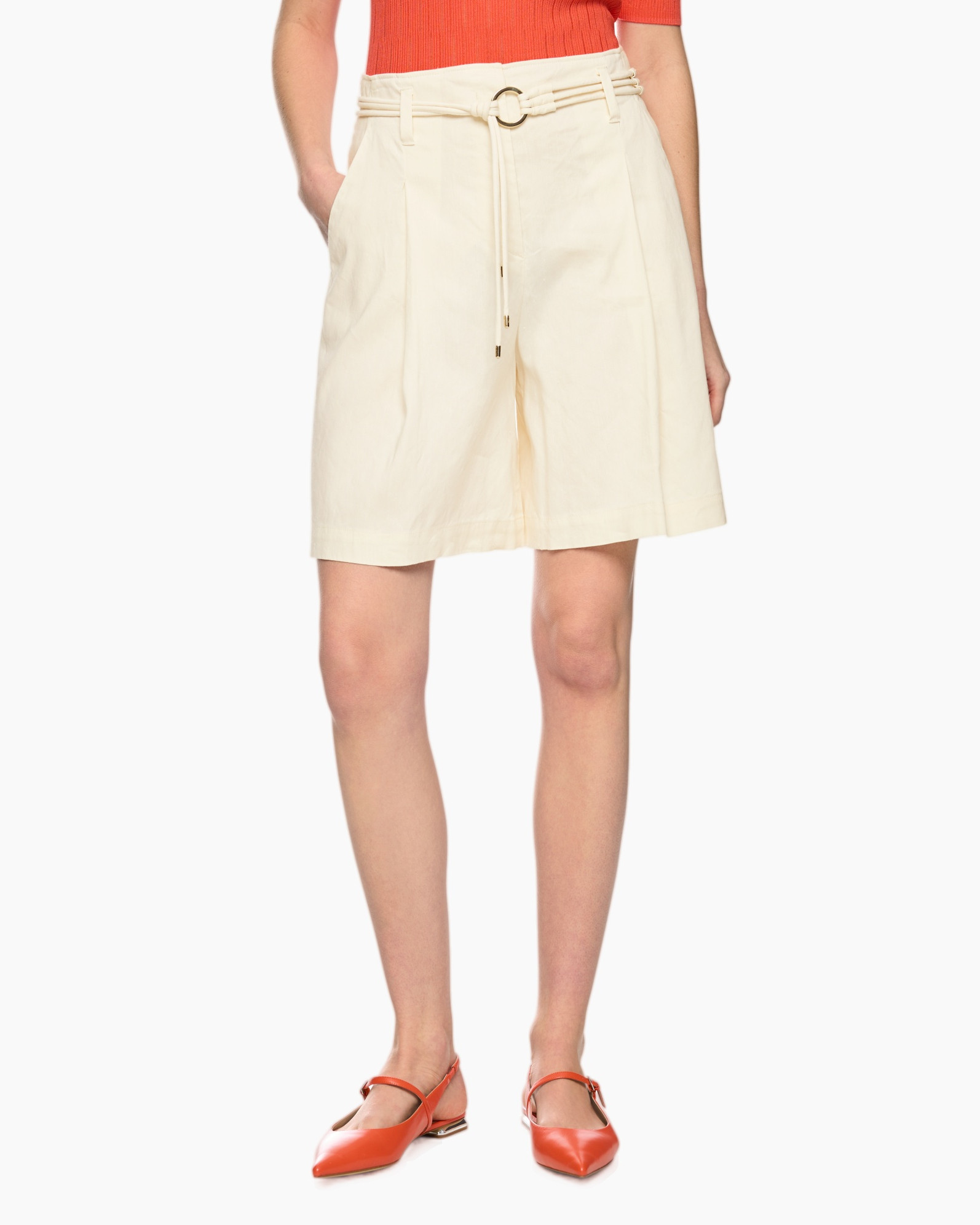 shorts, high-waisted, pleated, beige, belted
