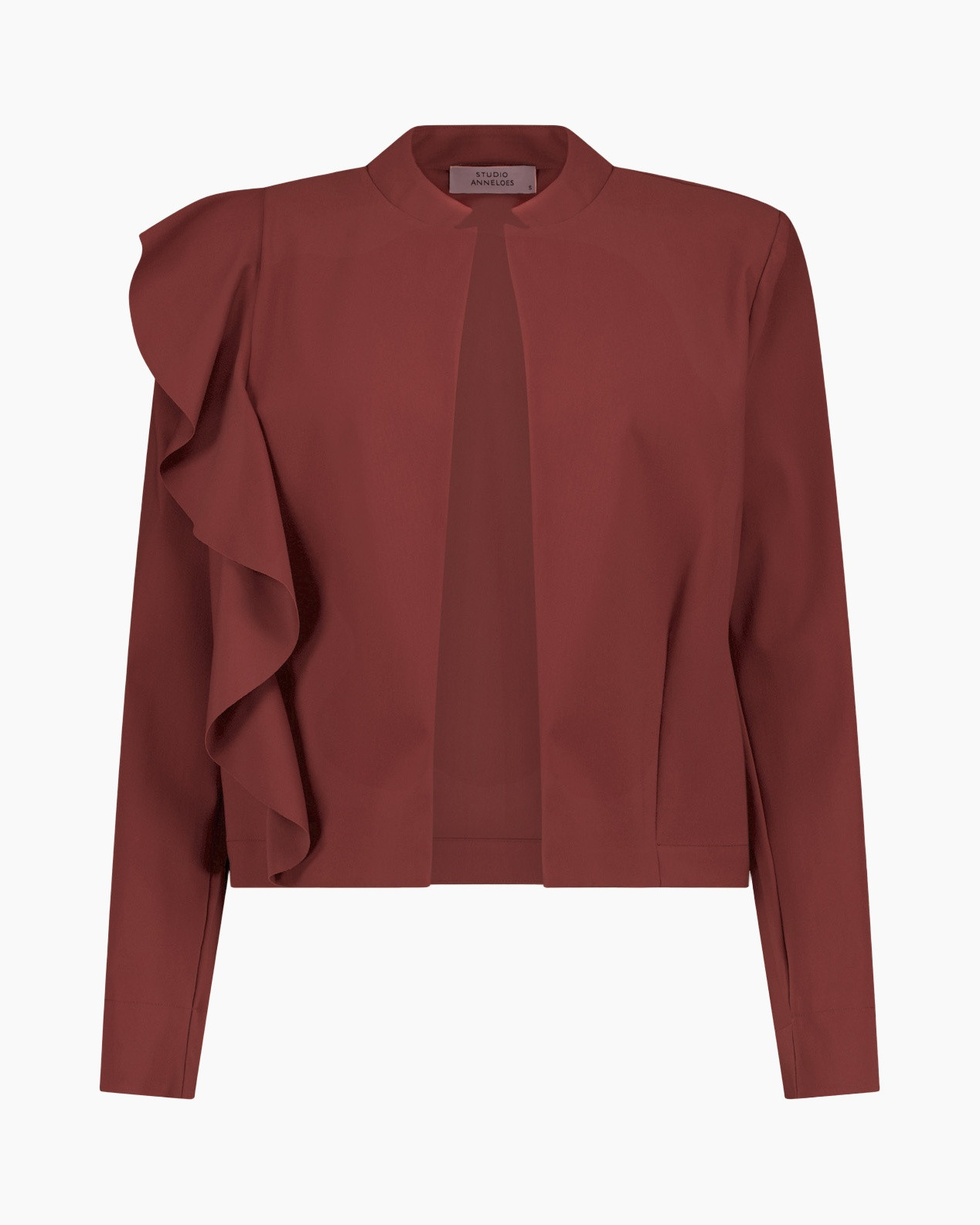 blouse, rust color, one-shoulder ruffle, long sleeve, applique pleat