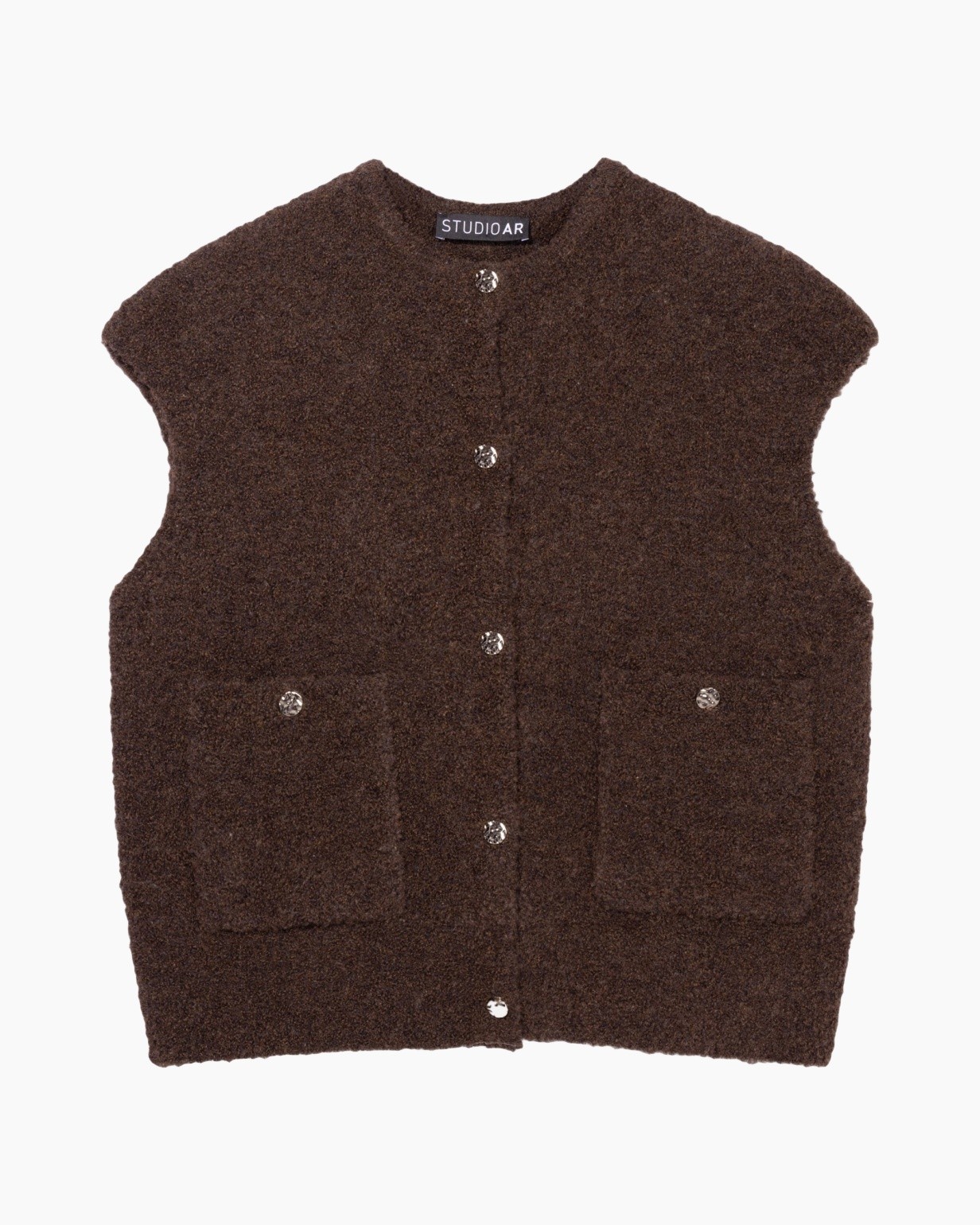 vest, breipon, bruin, vest, zakken