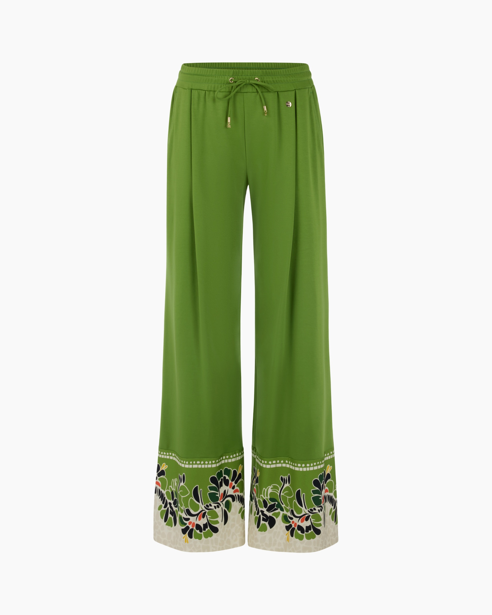 green pants, wide-leg trousers, drawstring waist, floral border, cropped hem