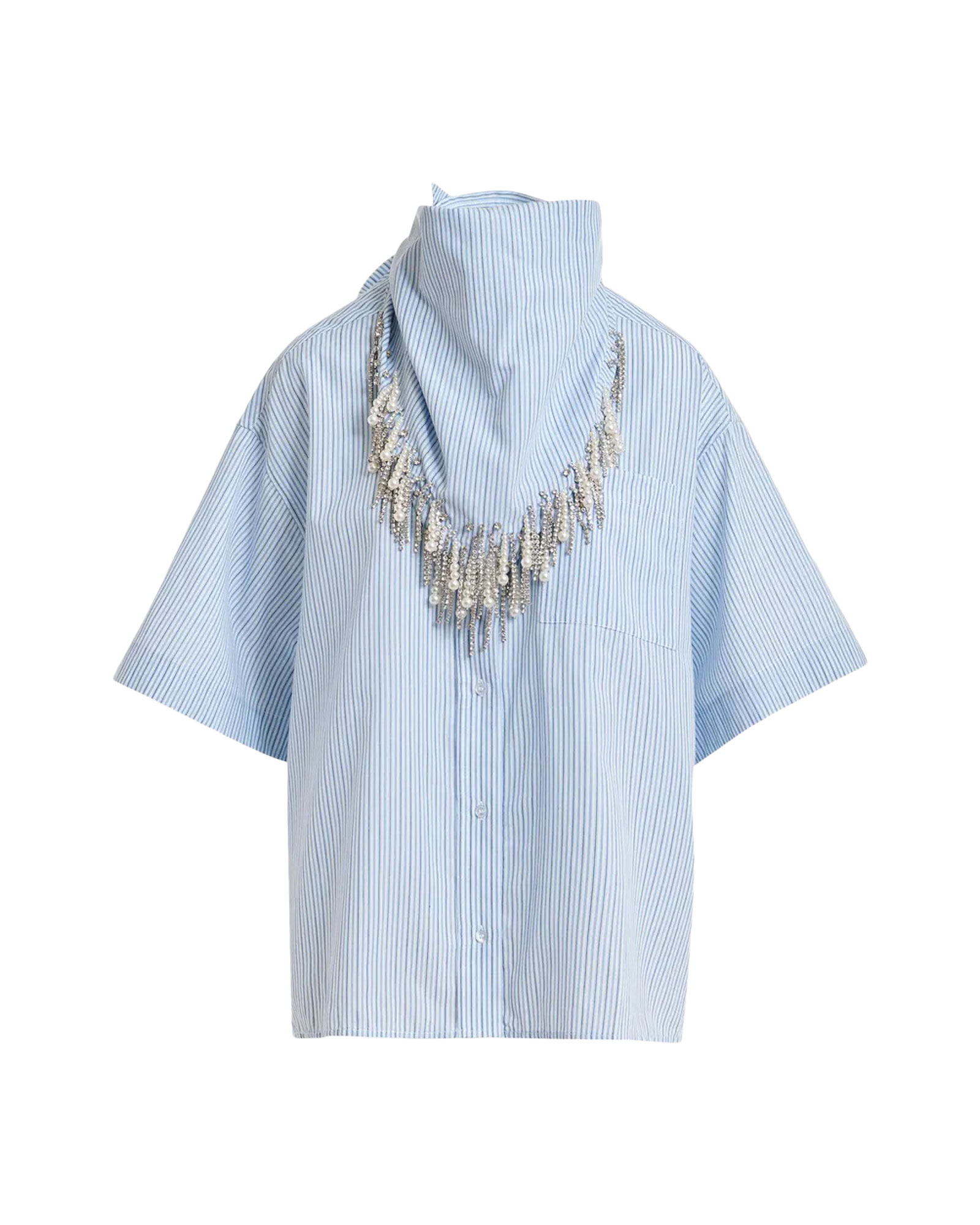 hemd, blauw met strepen, korte mouwen, kraag, versiering ketting