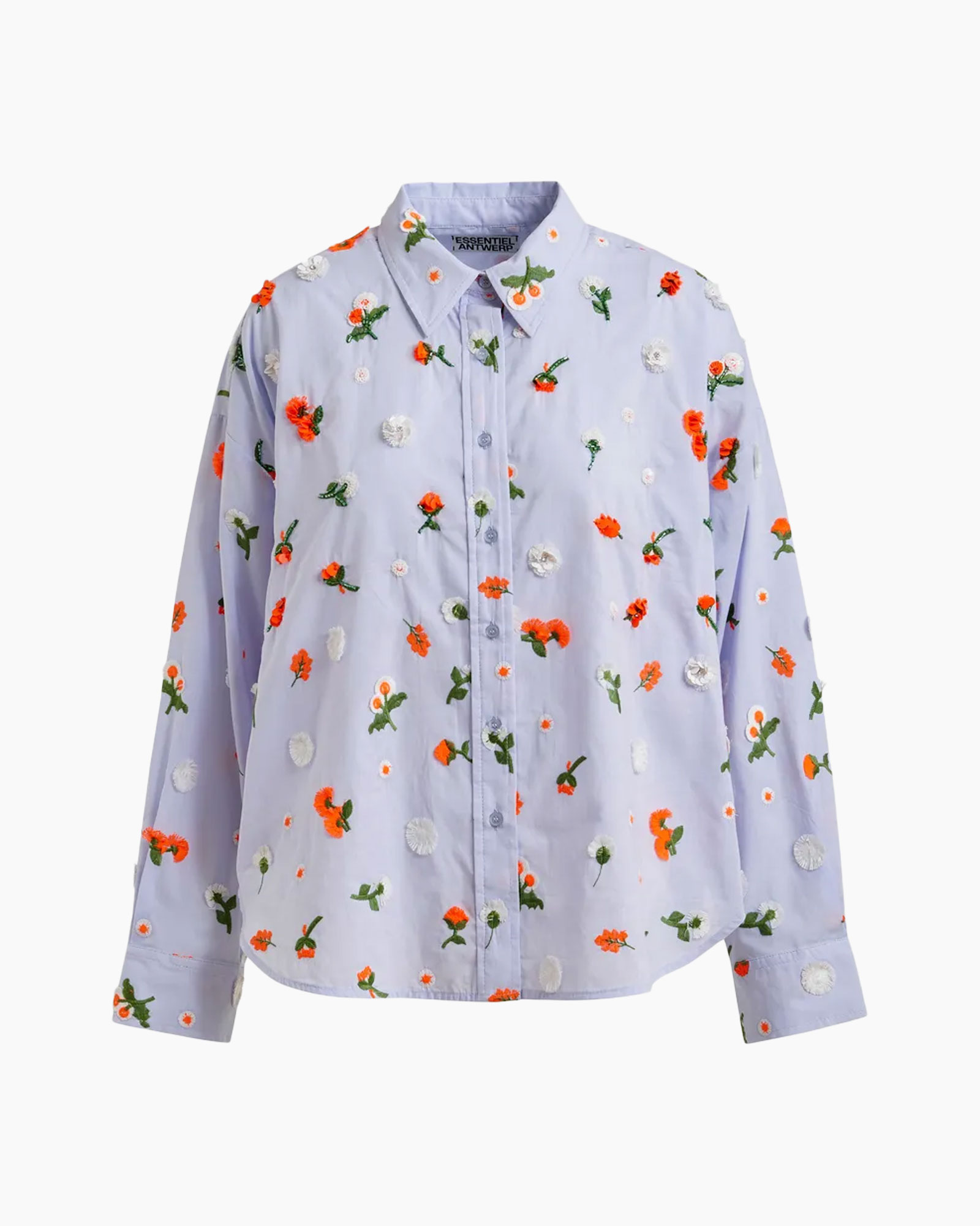 shirt, button-down, embroidered, floral, lavender