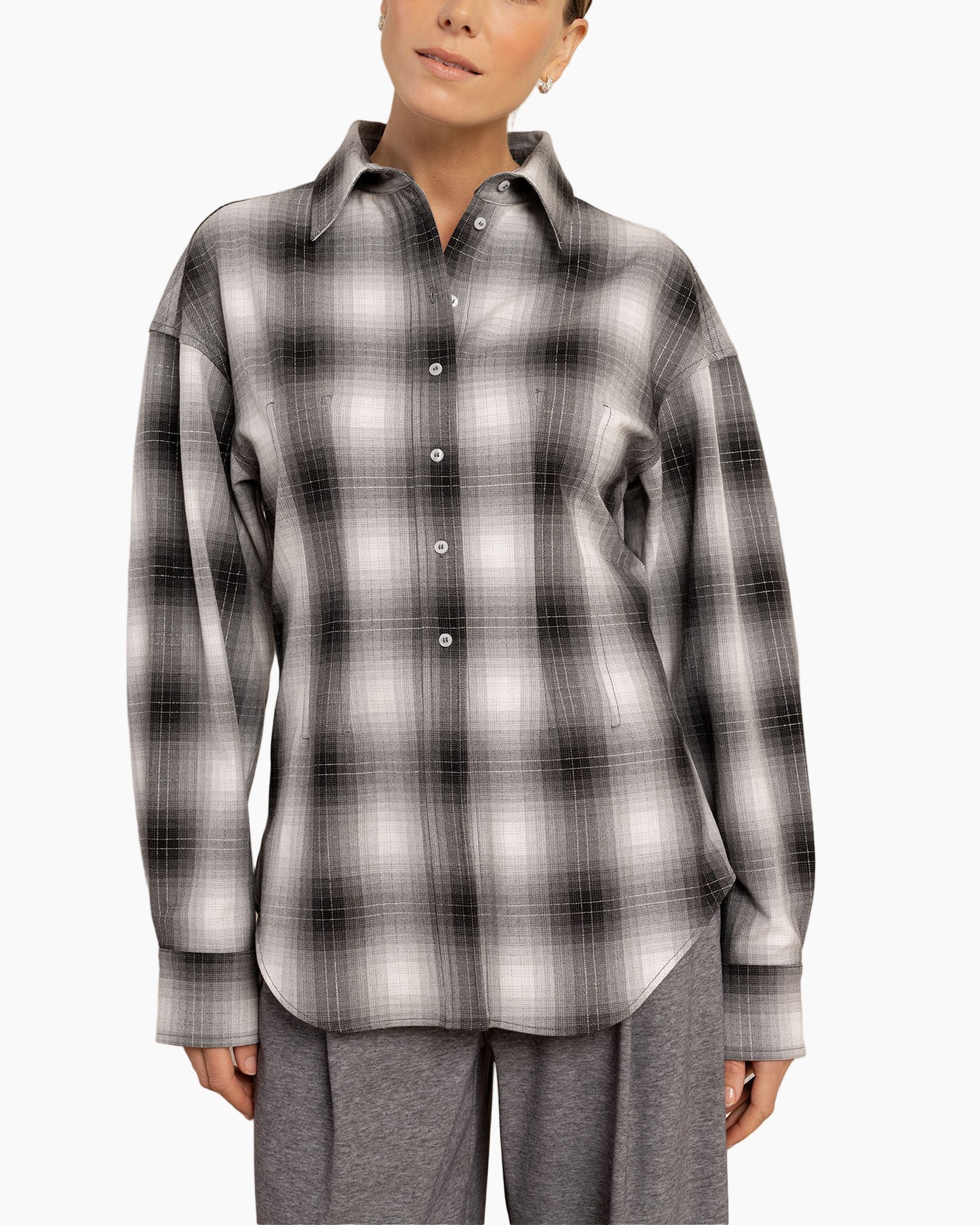 geruit overhemd, knoopsluiting, lange mouwen, grijs en zwart, relaxed fit
