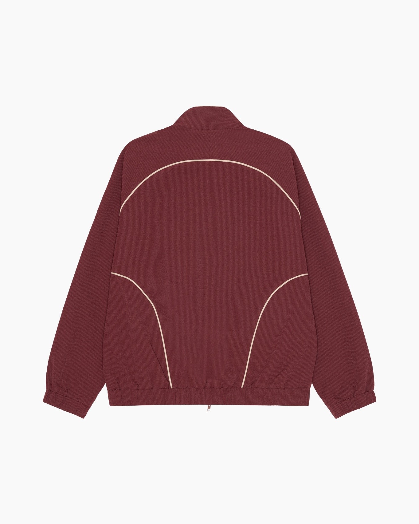 jas, rits, bordeaux, kraag+ritssluiting?, contrast stiksels