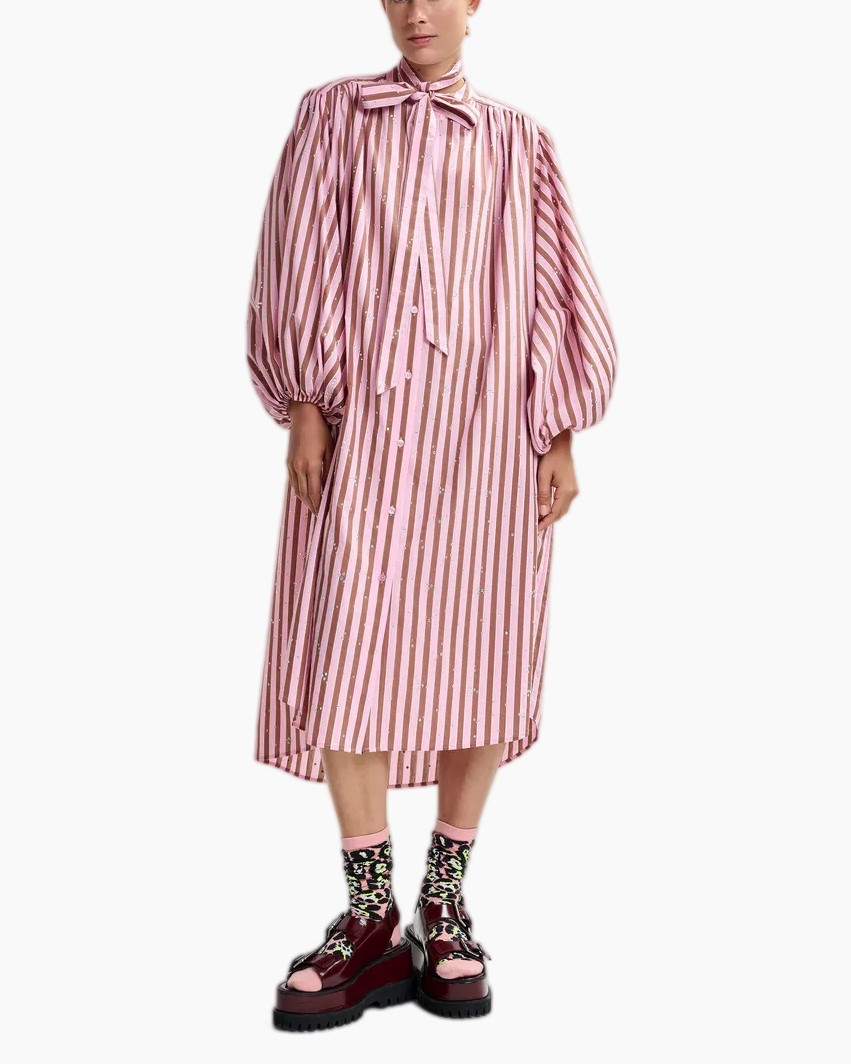 roze jurk, gestreepte jurk, lange mouw, pofmouw, knee-length