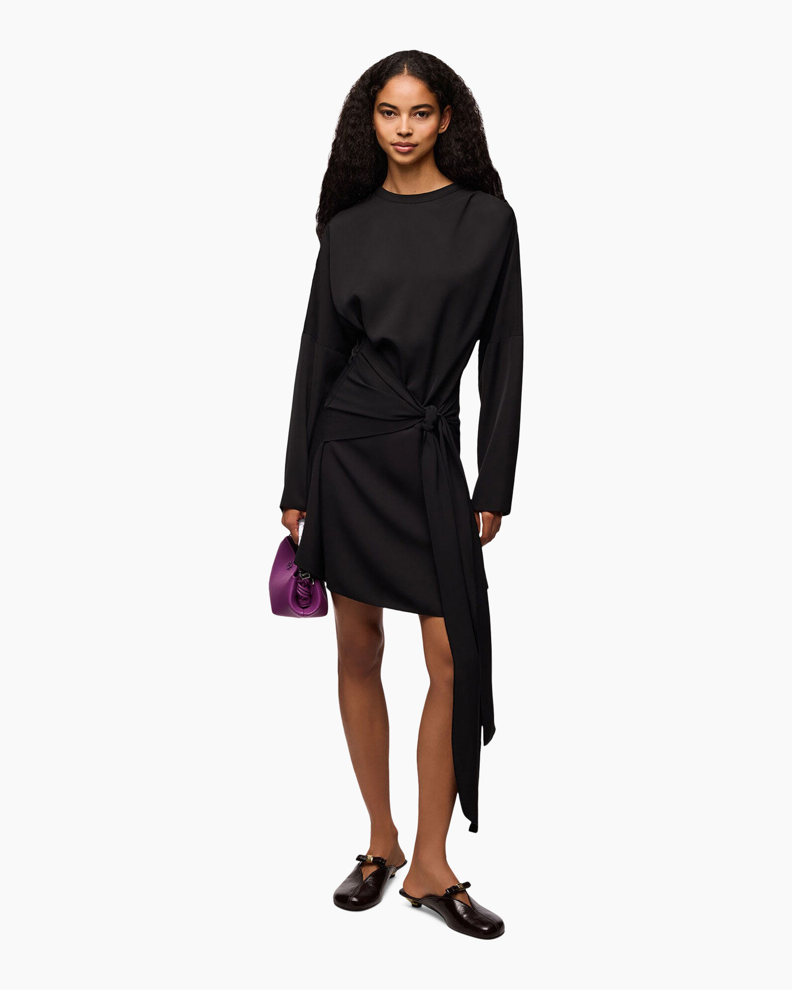 jurk, zwarte jurk, wrap jurk, knie-lengte, lange mouwen