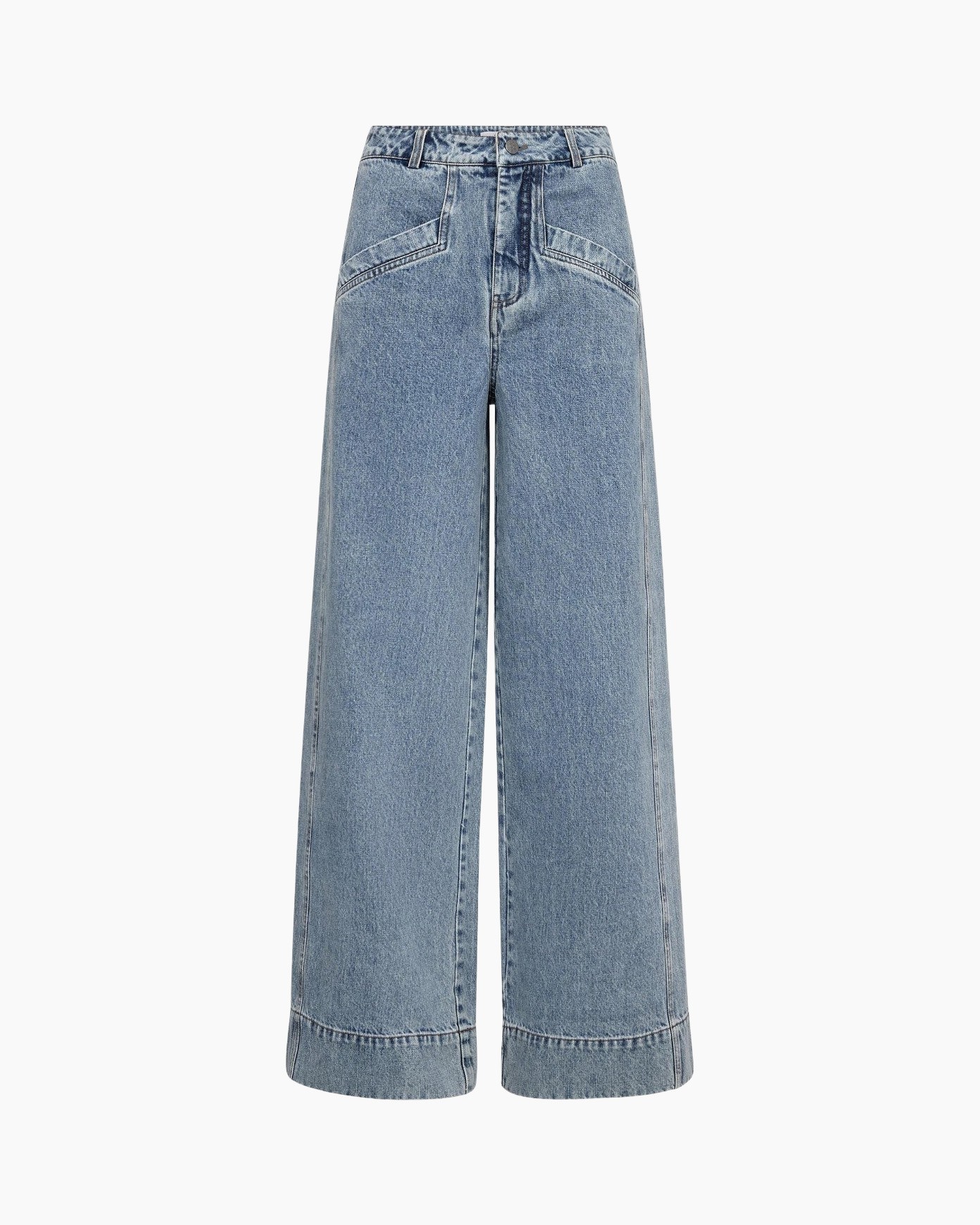 denim, jeans, wijdlopende, hoge taille, zakken