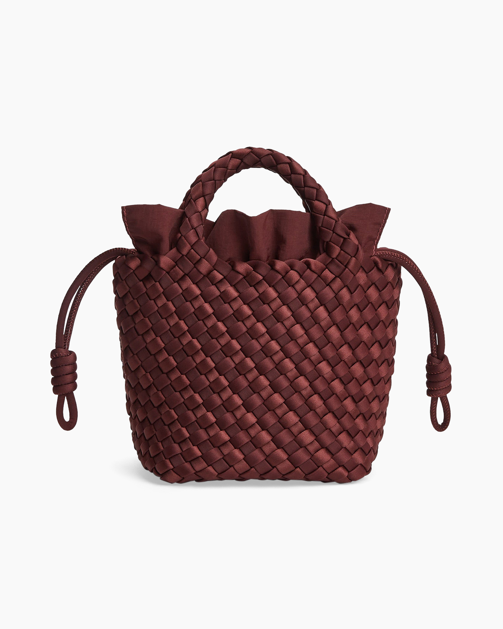 handtas, gevlochten, bucketbag, bordeaux, trekkoord