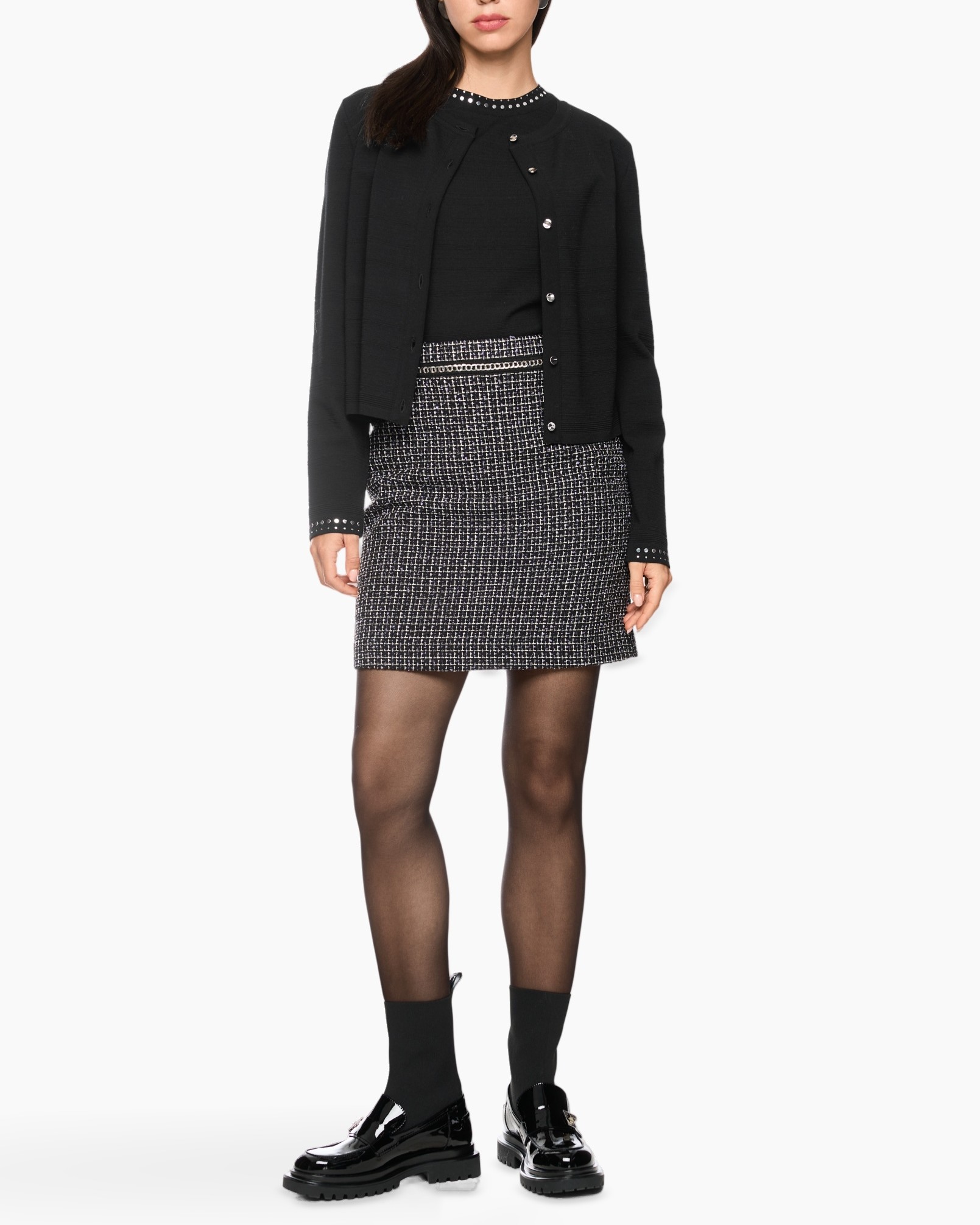 rokka, tweed, zwart, vest, kokerrok