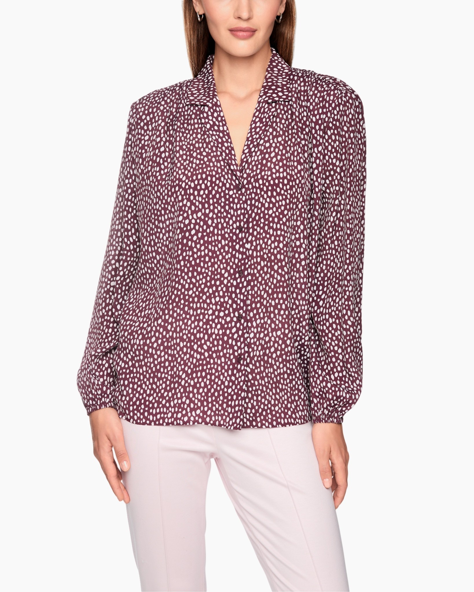 blouse, polkadot, lange mouw, paars, kraag