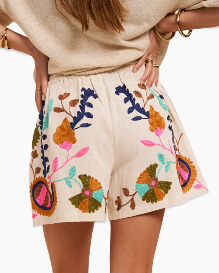 shorts, embroidered, beige, drawstring, floral