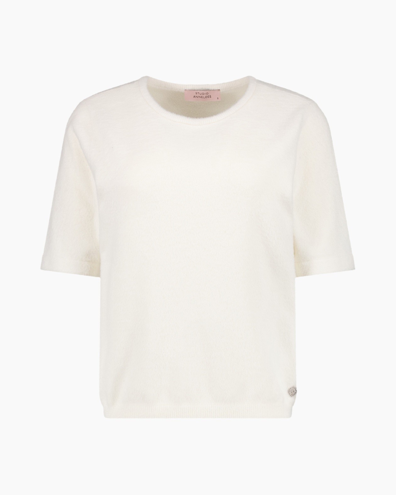 sweater knit, top wit, mouw kort, rond hals, casual, pull-over, zacht stof, damessweater, top