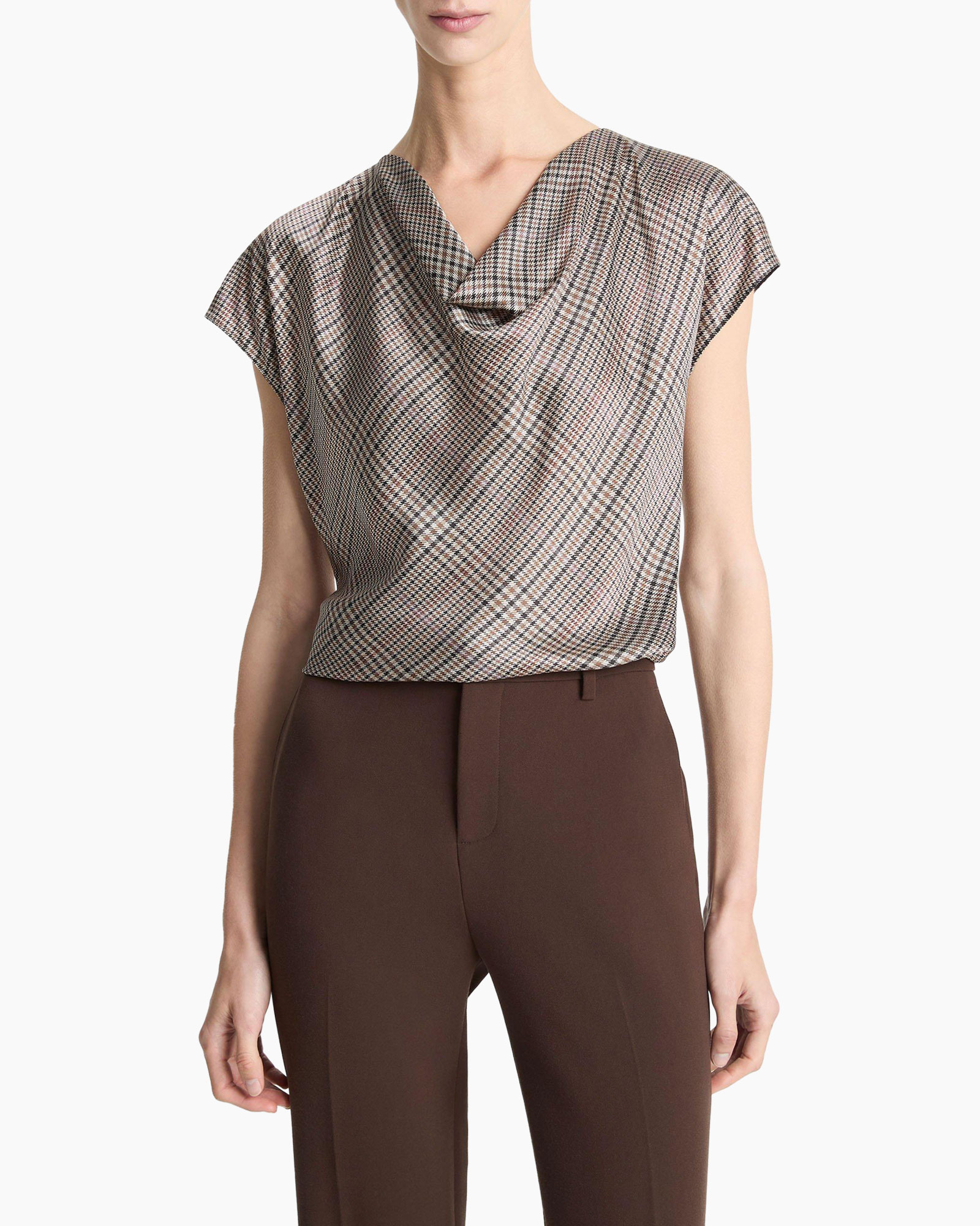 Blouse Pressed Plaid Cowl Nk Cap Slv Beige