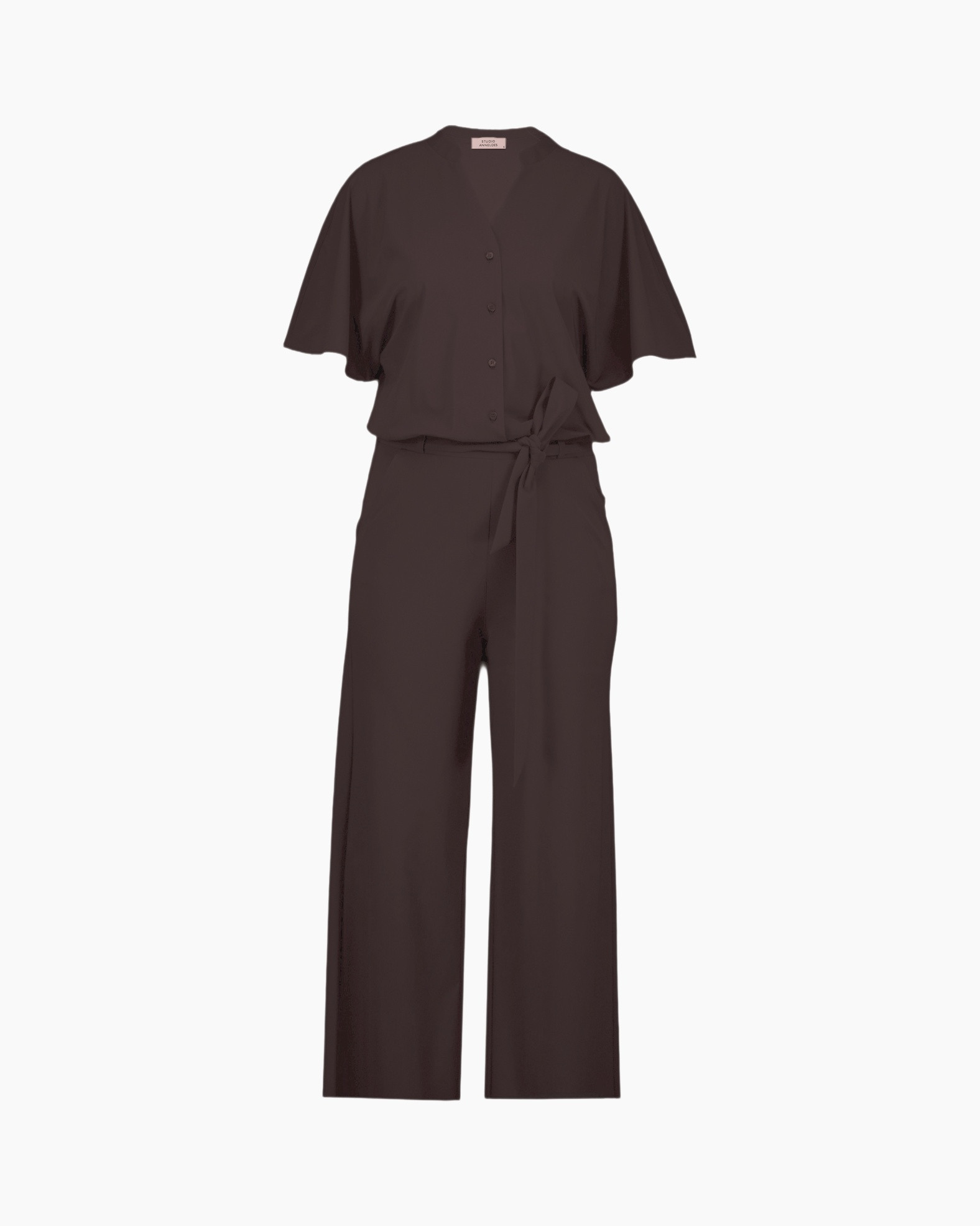 broekpak, eendelige, korte mouwen, knopenrij, riemceintuur