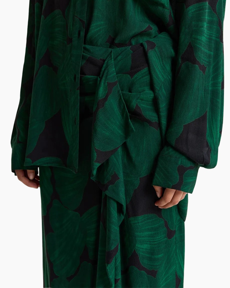 groen, jurk, omslag, bladpatroon, lange mouw