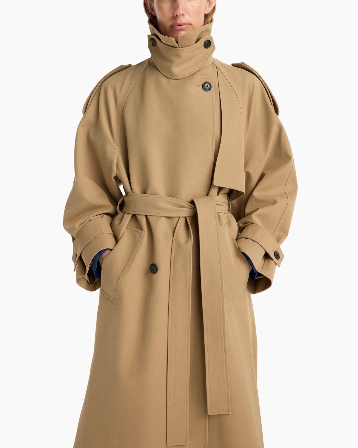 regenjas, mantel, riempito, khaki, dubbele rij