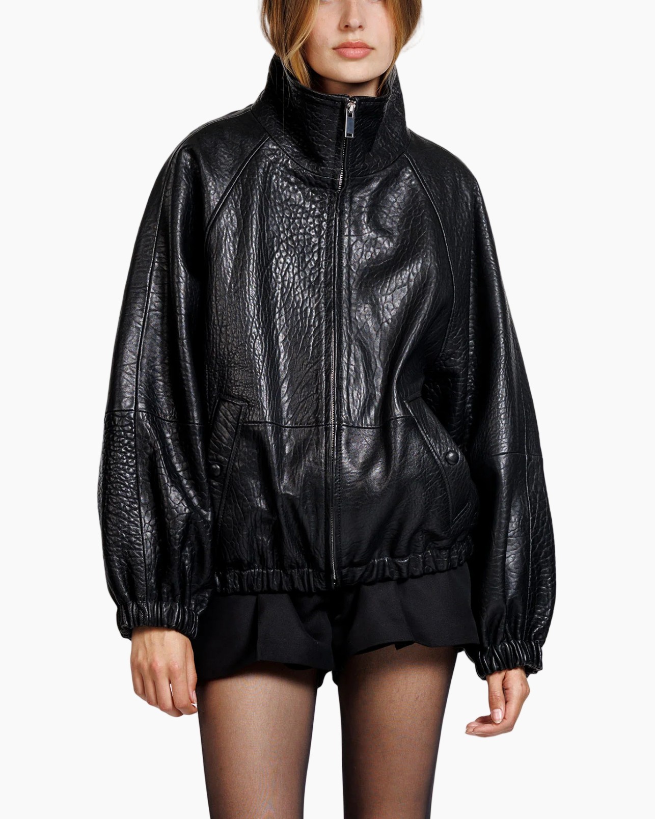 jas, leer, zwart, rits, puffer, leren jas, puffer-stijl, rits vooraan, hoge kraag, elastische zoom