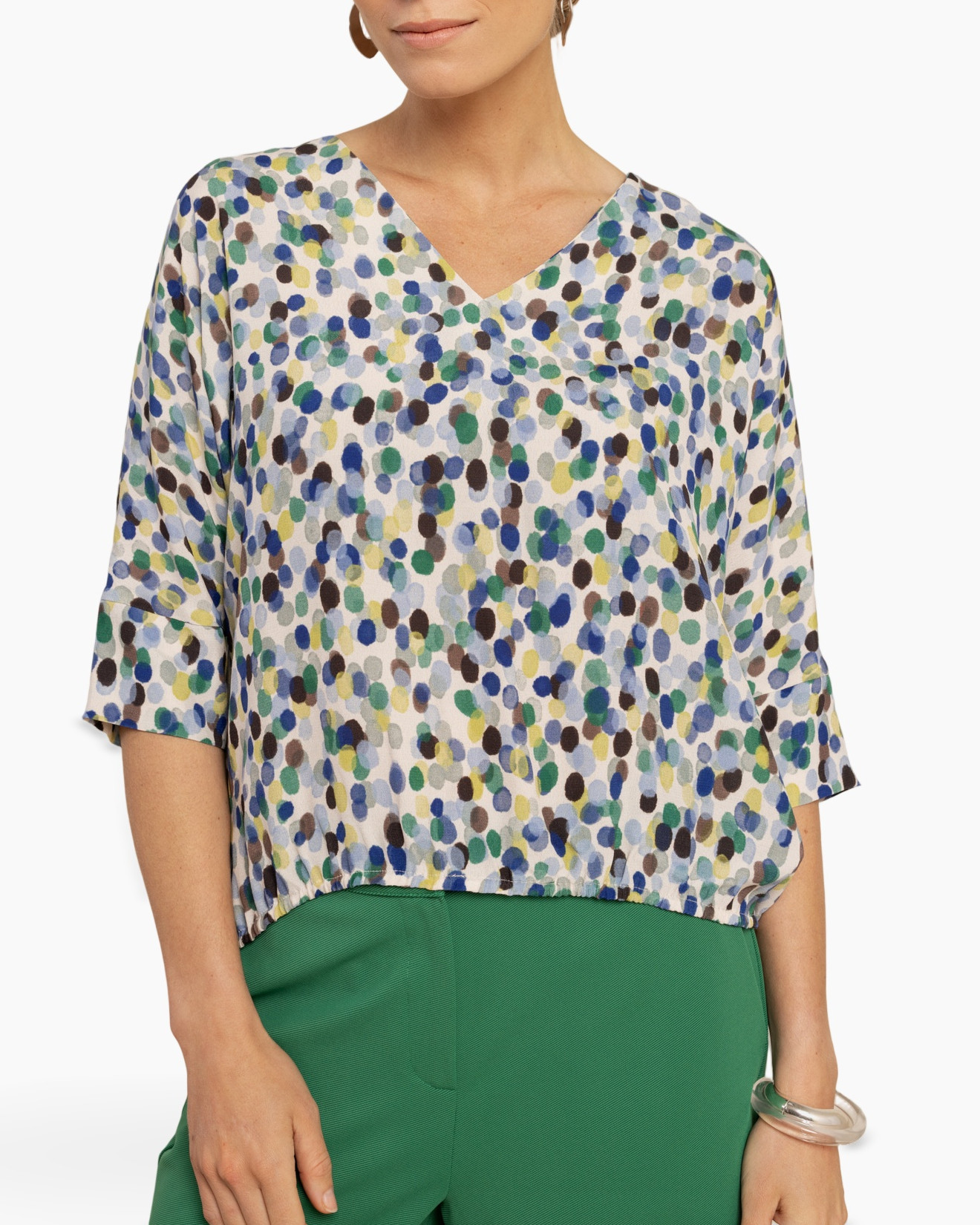 blouse, top, punt/kleurige stippen, kleurige vlekken, v-hals