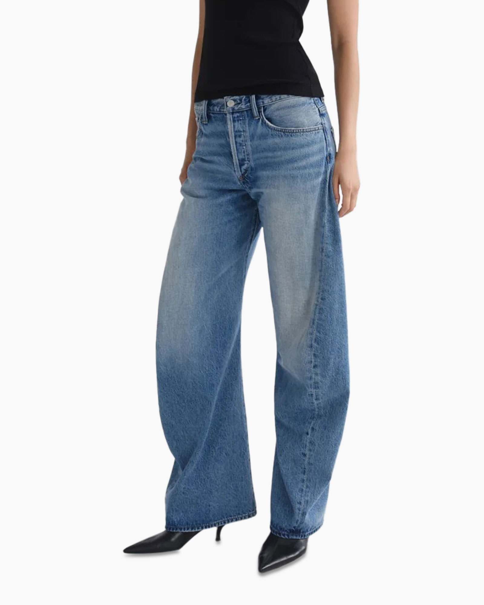 wijdte broek, blauwe denim, hoge taille?, stonewash, broek
