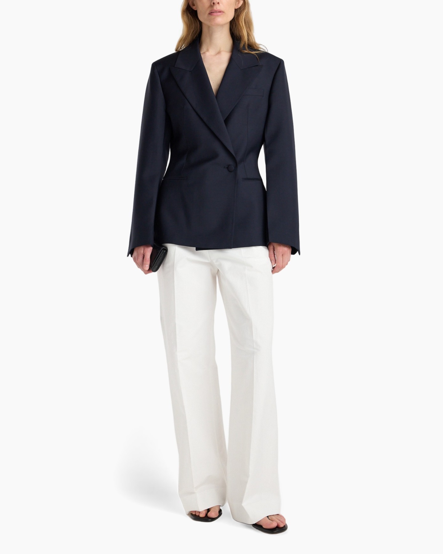 blazer, marine, single-breasted, lange-mouw, wijd-pijpen