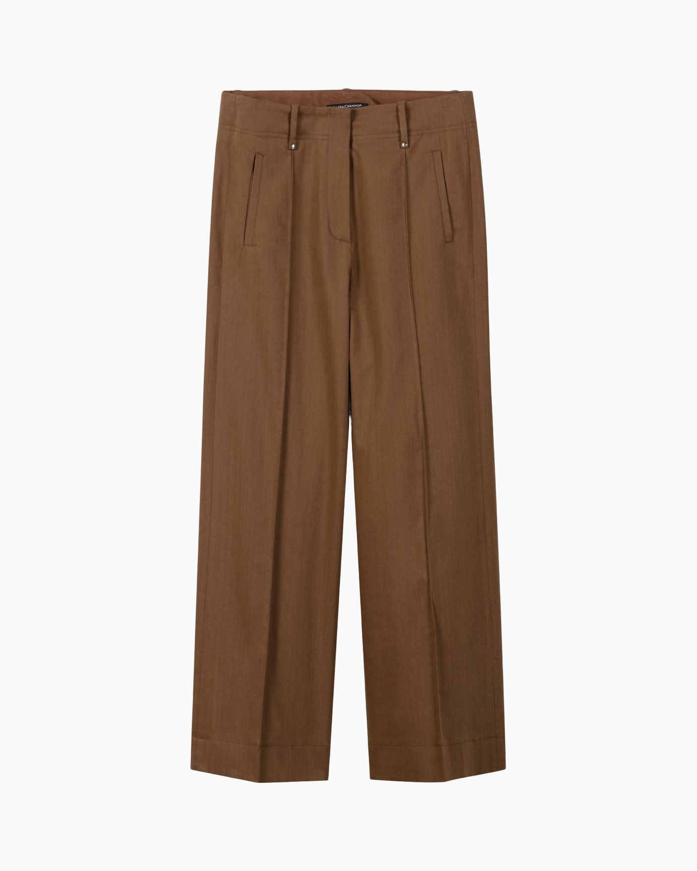 pants, wide-leg, brown, crease, pleats, pockets