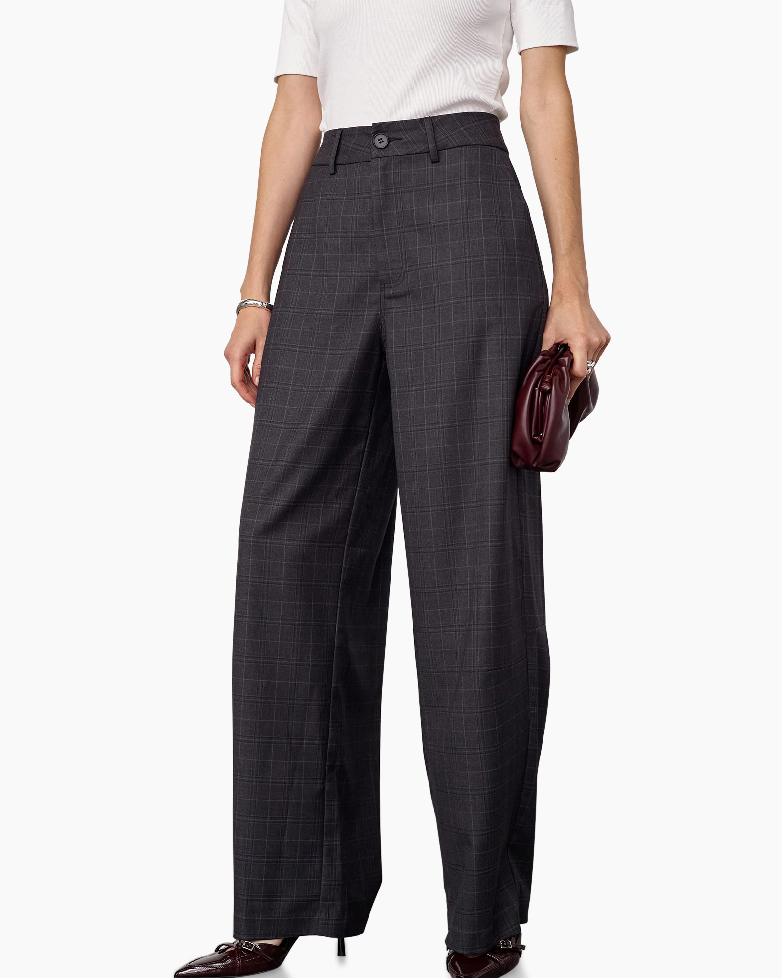 broeken, pantalon, wijd uitlopend, geruite, grijs