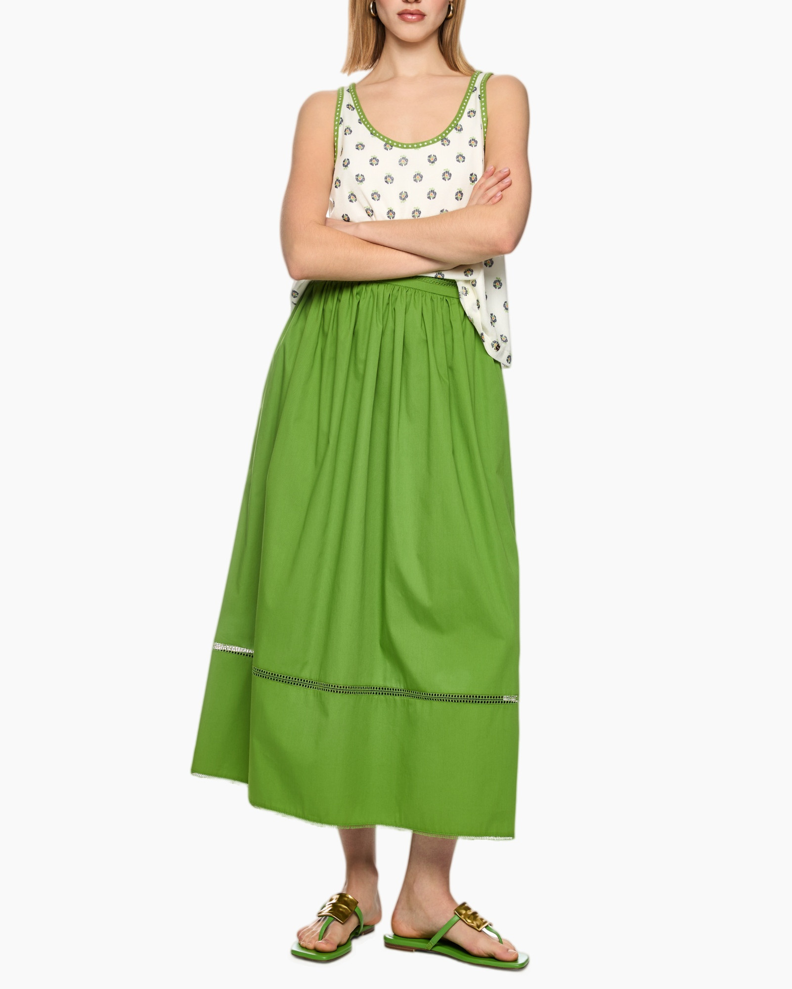 tank top, green skirt, long skirt, floral pattern, sandals