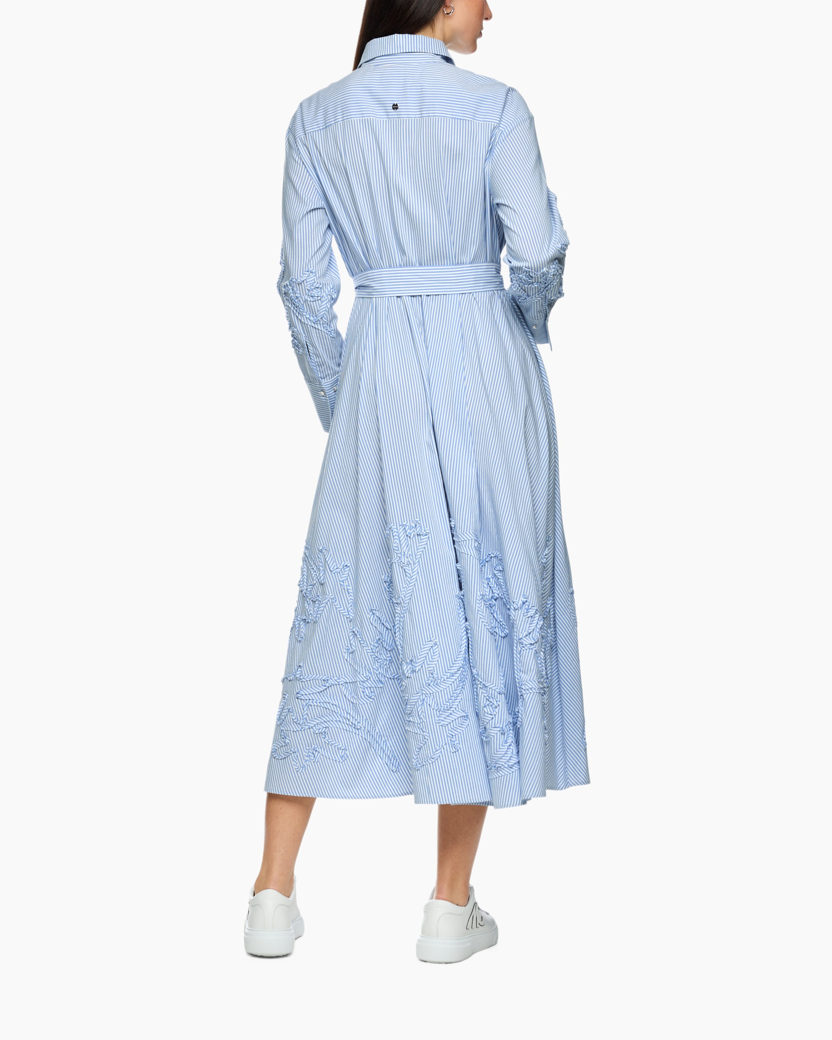 dress, shirt dress, blue striped, wrap belt, white handbag