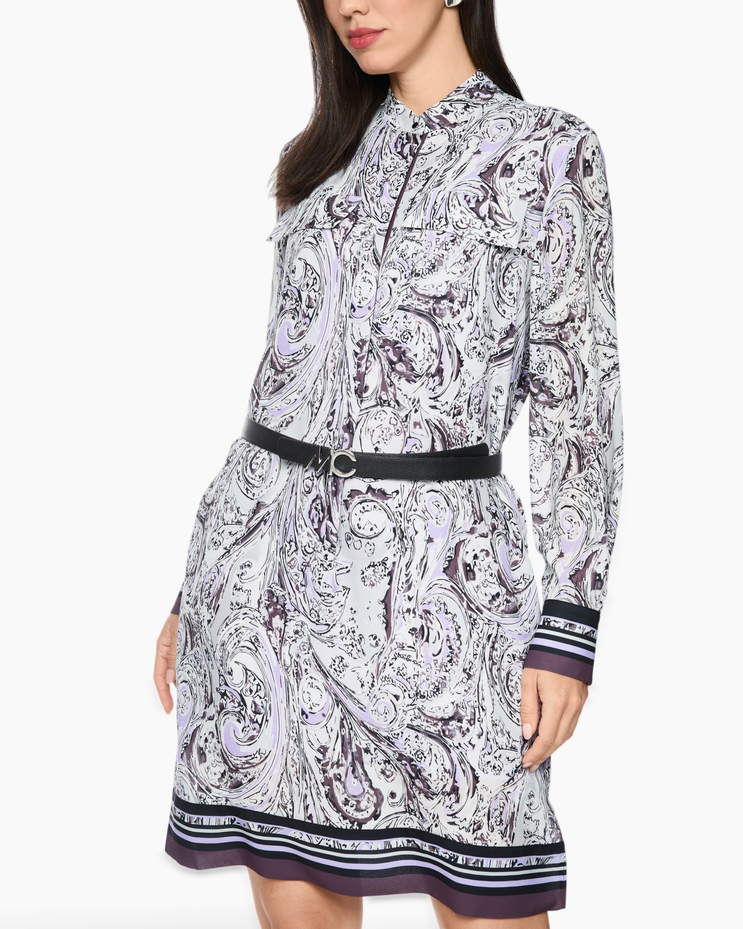 paisley, jurk met patroon, lange mouwen, ceintuur, paarse/zwart zoom
