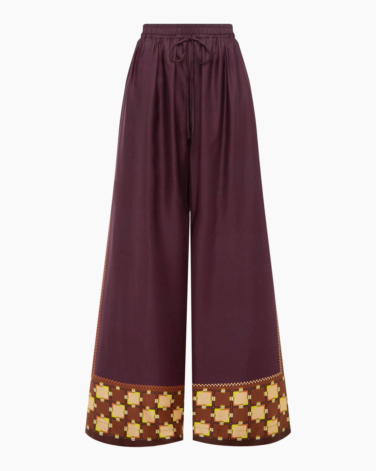 broek palazzo, wijdere pasvorm, touwsluiting, paars, patroon zoom