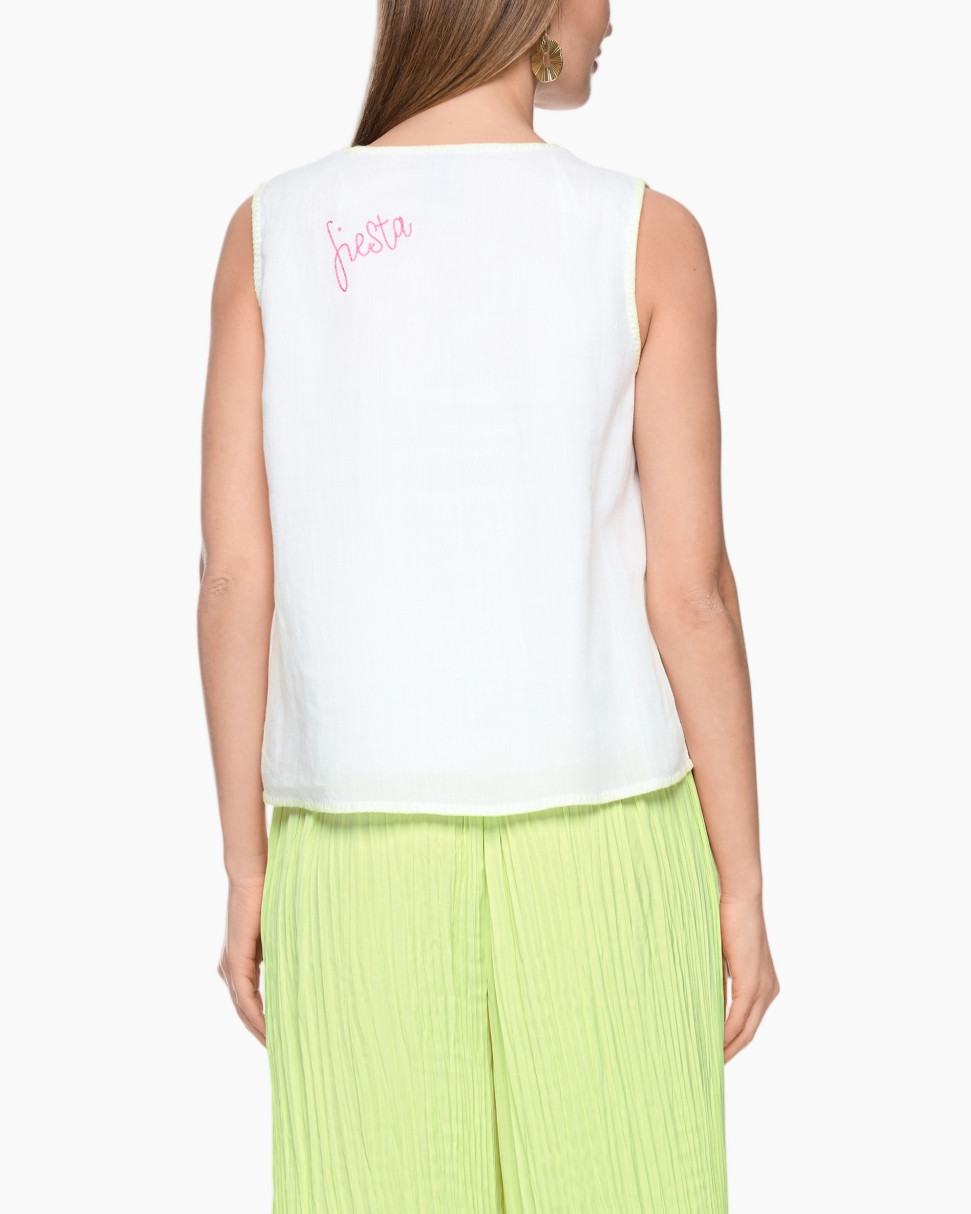 wit mouwloos top, borduursel, papegaai motief, v-hals, losse pasvorm