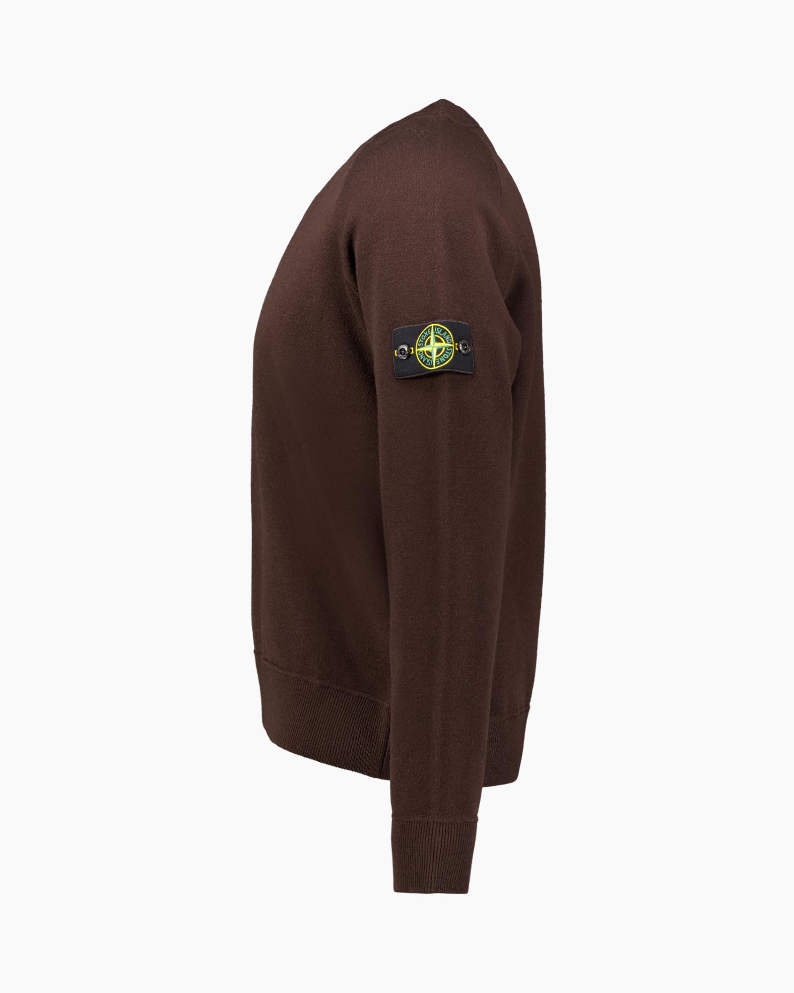 bruine trui, kraagloze ronde hals, lange mouw, patch logo, breisel stof