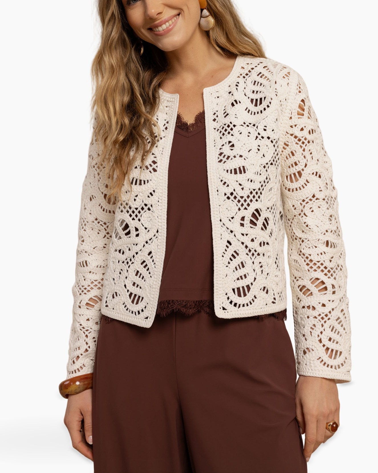 kantanci cardigan, krochet jas, open voorkant, crème kleur, lange mouwen