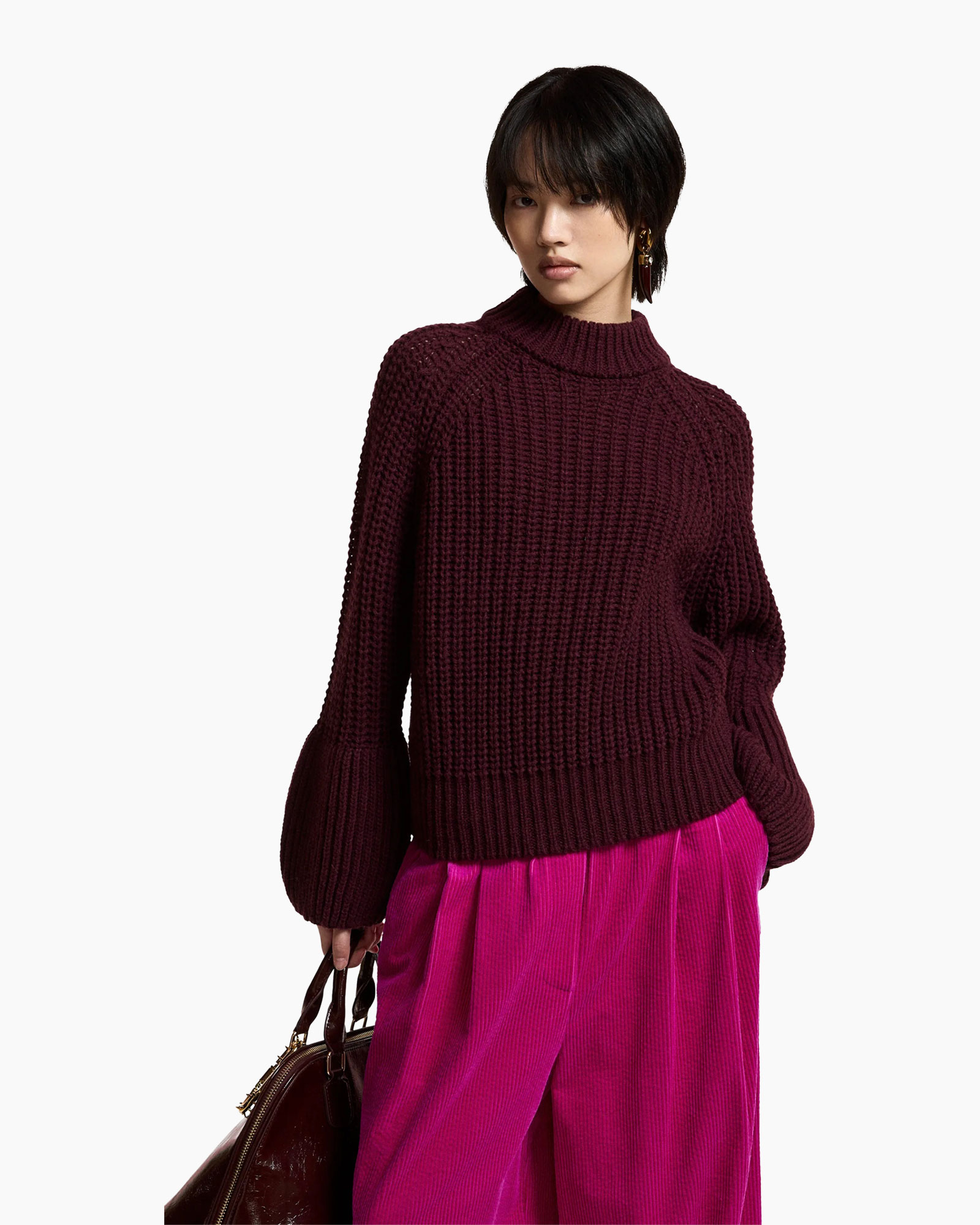 gebreide trui, turtleneck, bordo, dikke brei, lange mouwen