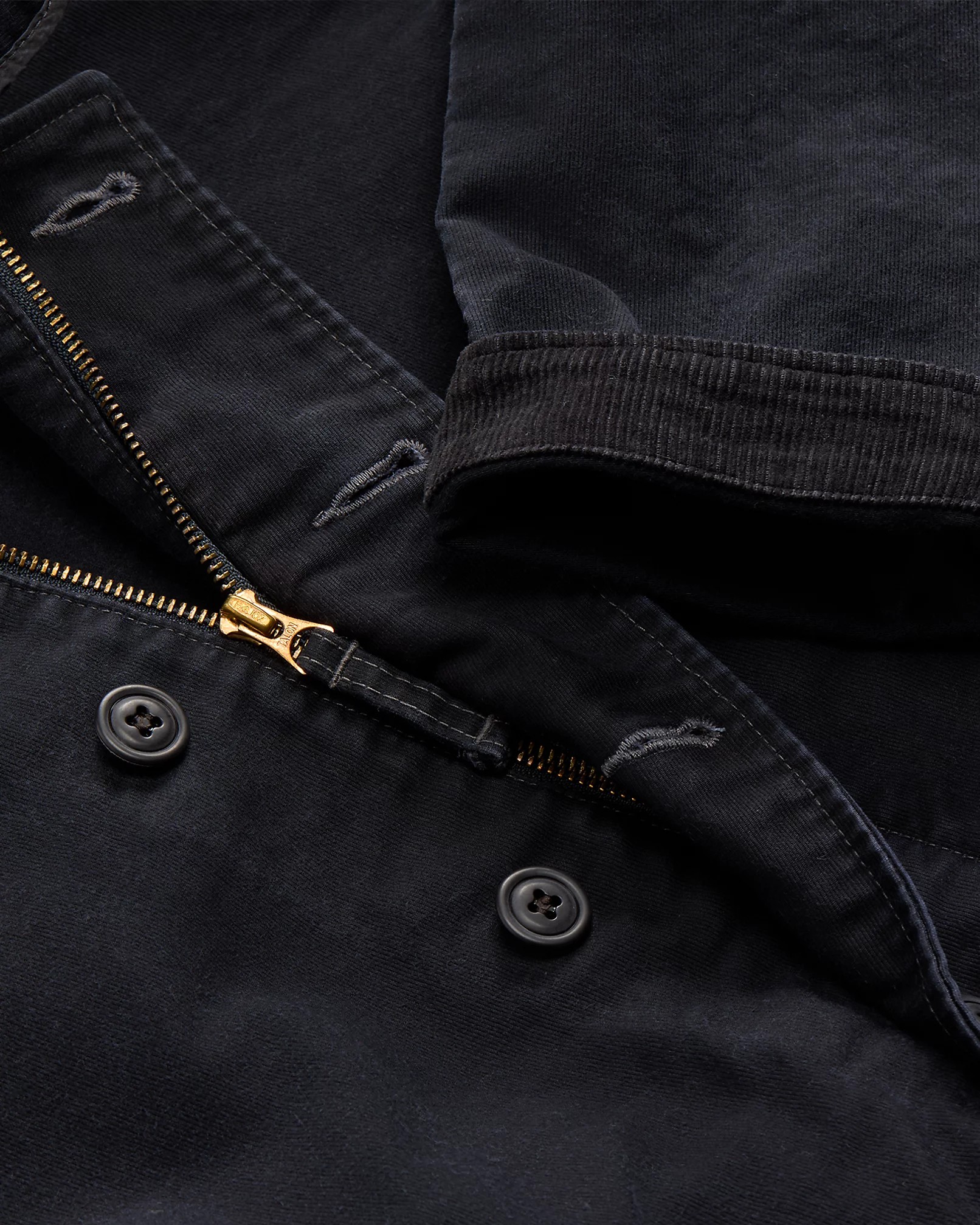 rits, knopen, donkerdenim, marinejas, weefseldetail