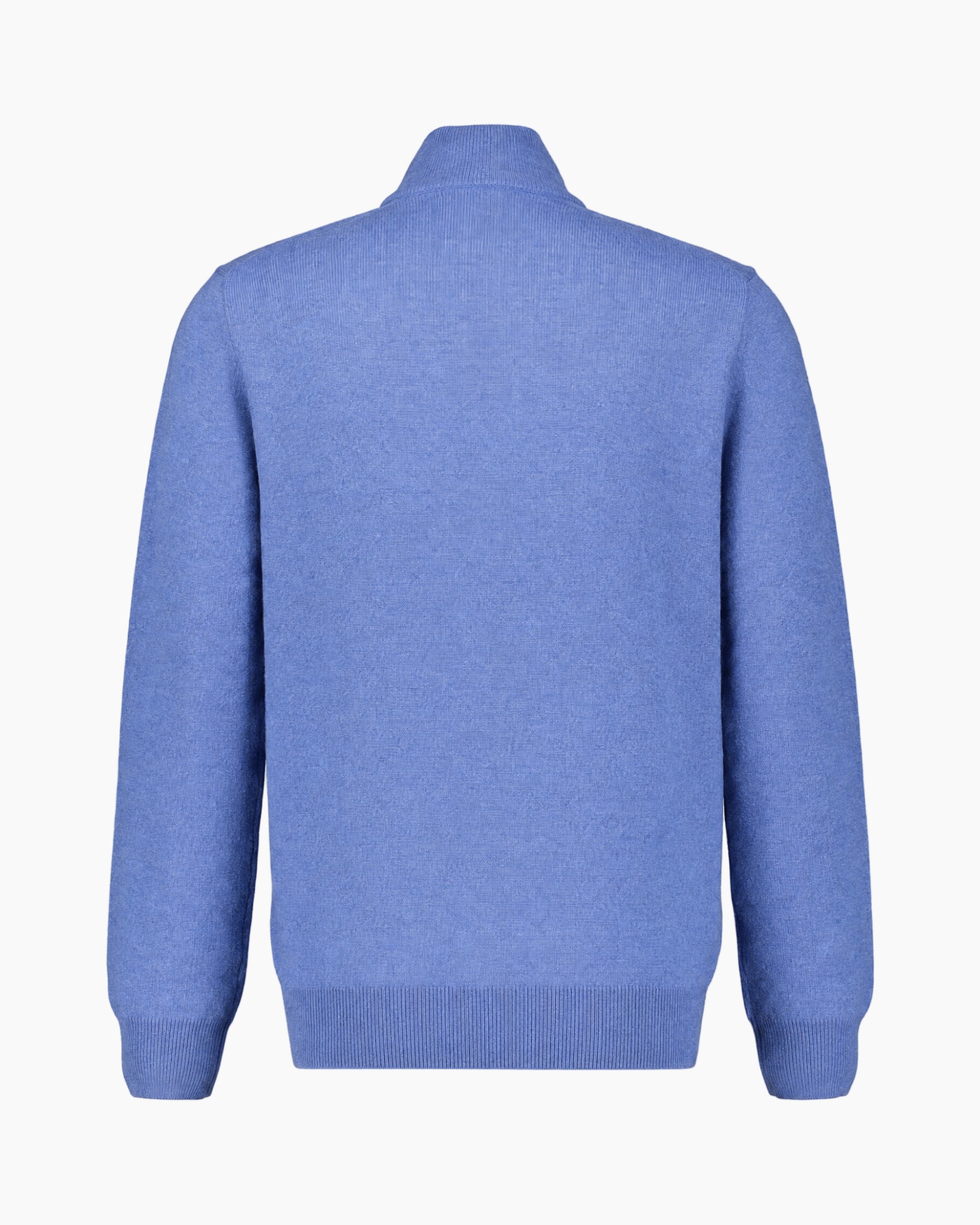 blauwe trui, korte rits, opstaande kraag, lange mouwen, gebreide stof