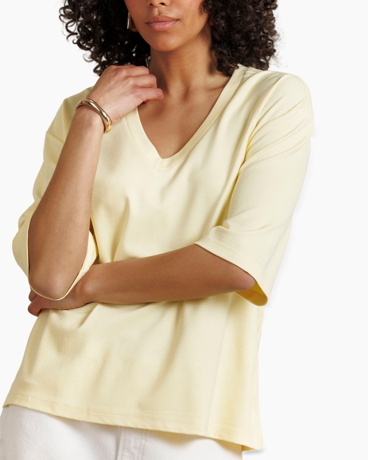 t-shirt, v-hals, korte mouwen, pastelgeel, katoen