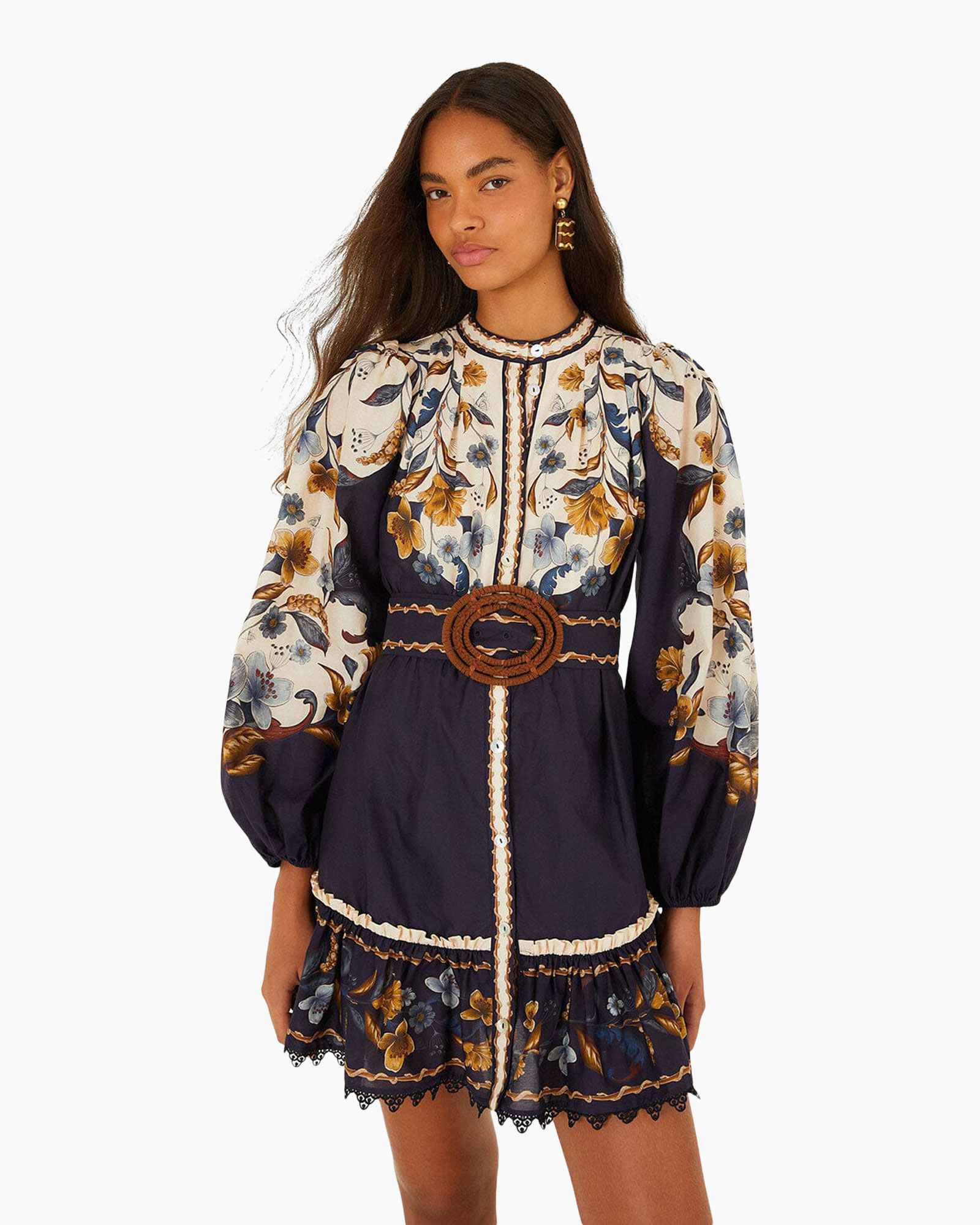 jurk, bohemien, bloemenprint, lange mouw, riem