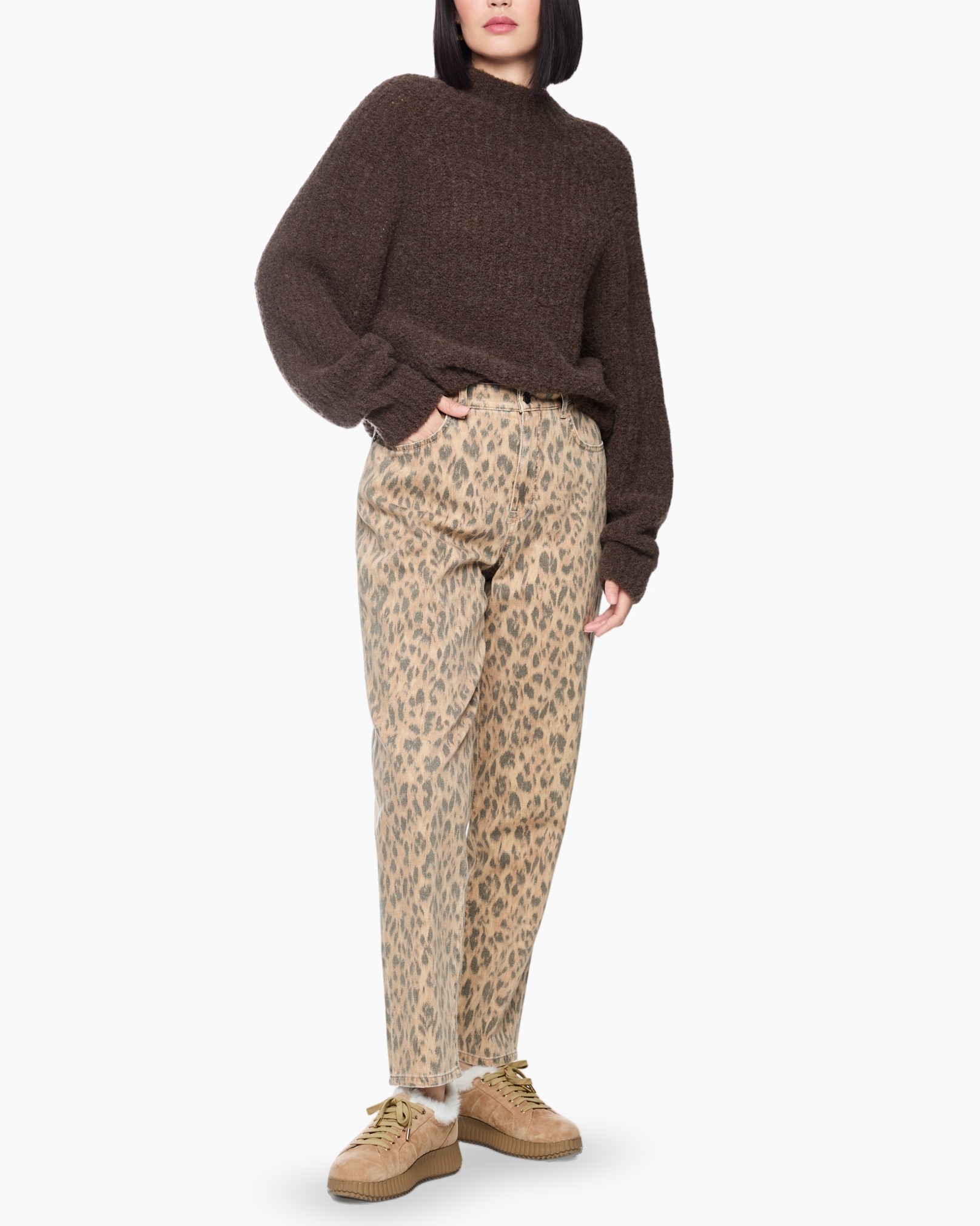 trui, bruin, brei, losvallend, turtleneck