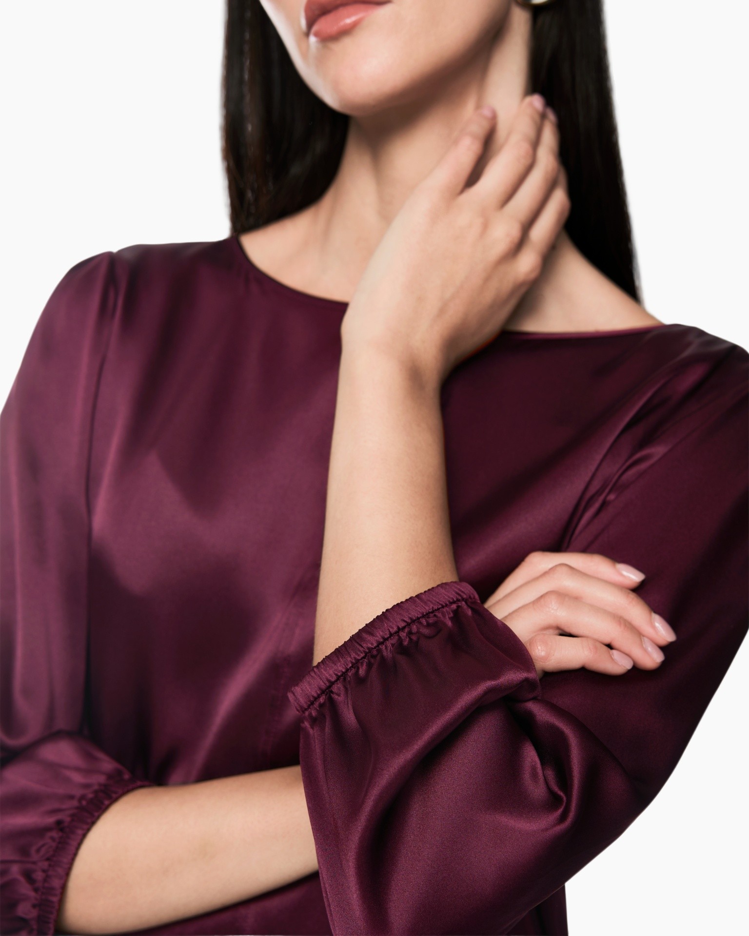 zijde, blouse, lange mouwen, burgundy, enkele kleur