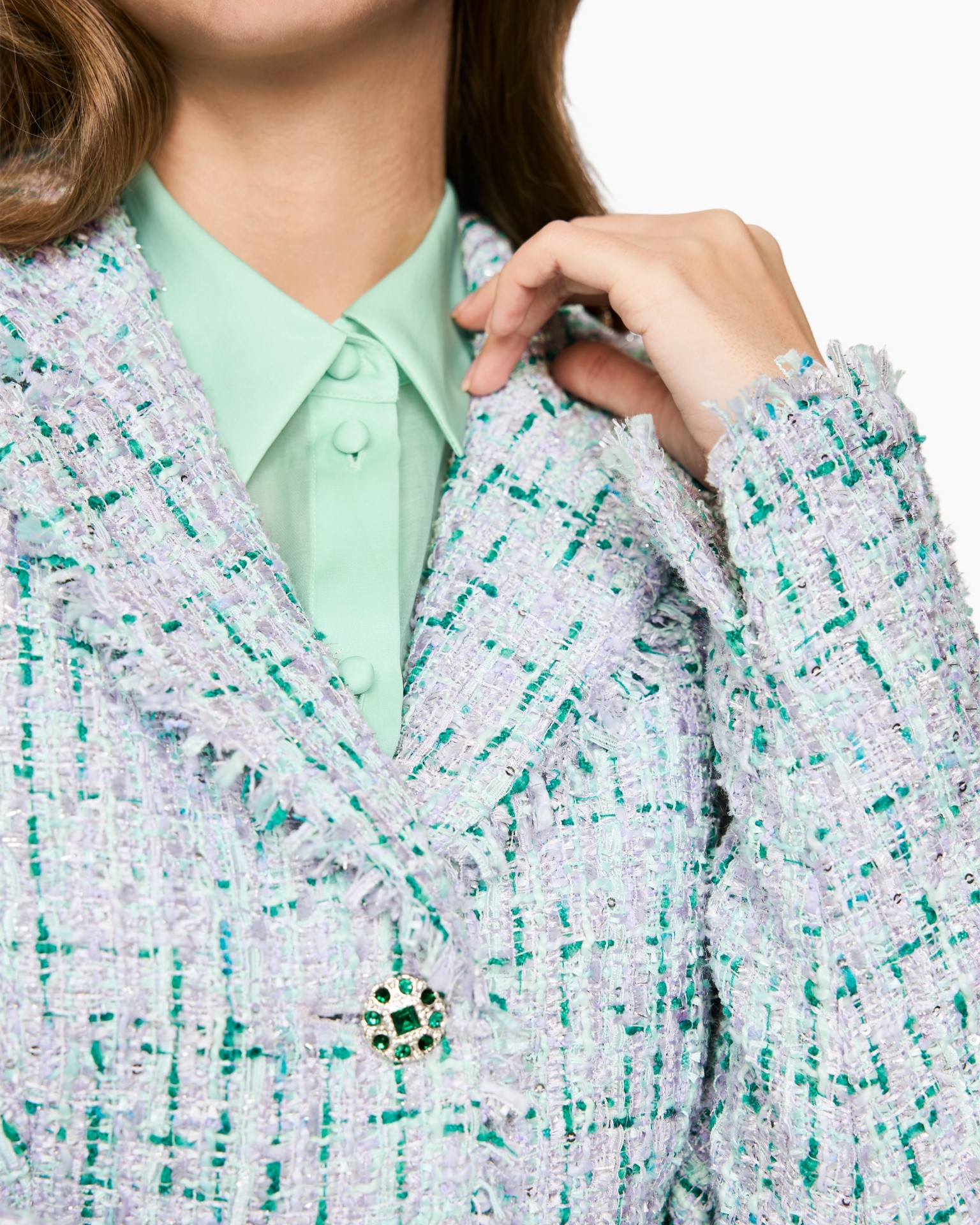 blazer, tweed, mintgroen, knopen, fringe_detail