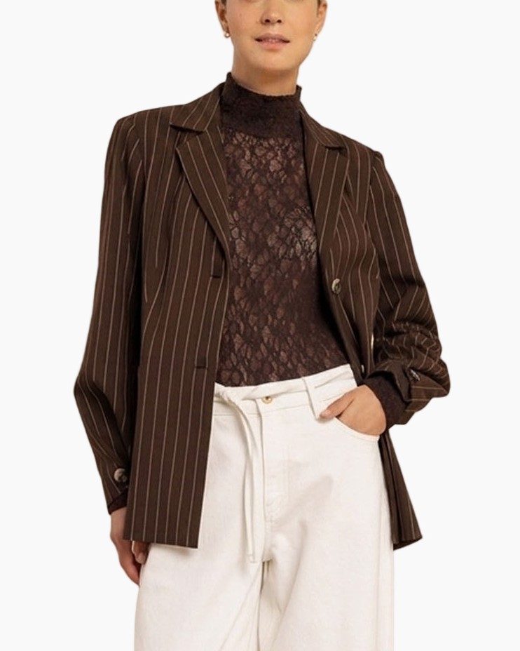 blazer, spoorstreep, bruin, open voorkant, losse pasvorm