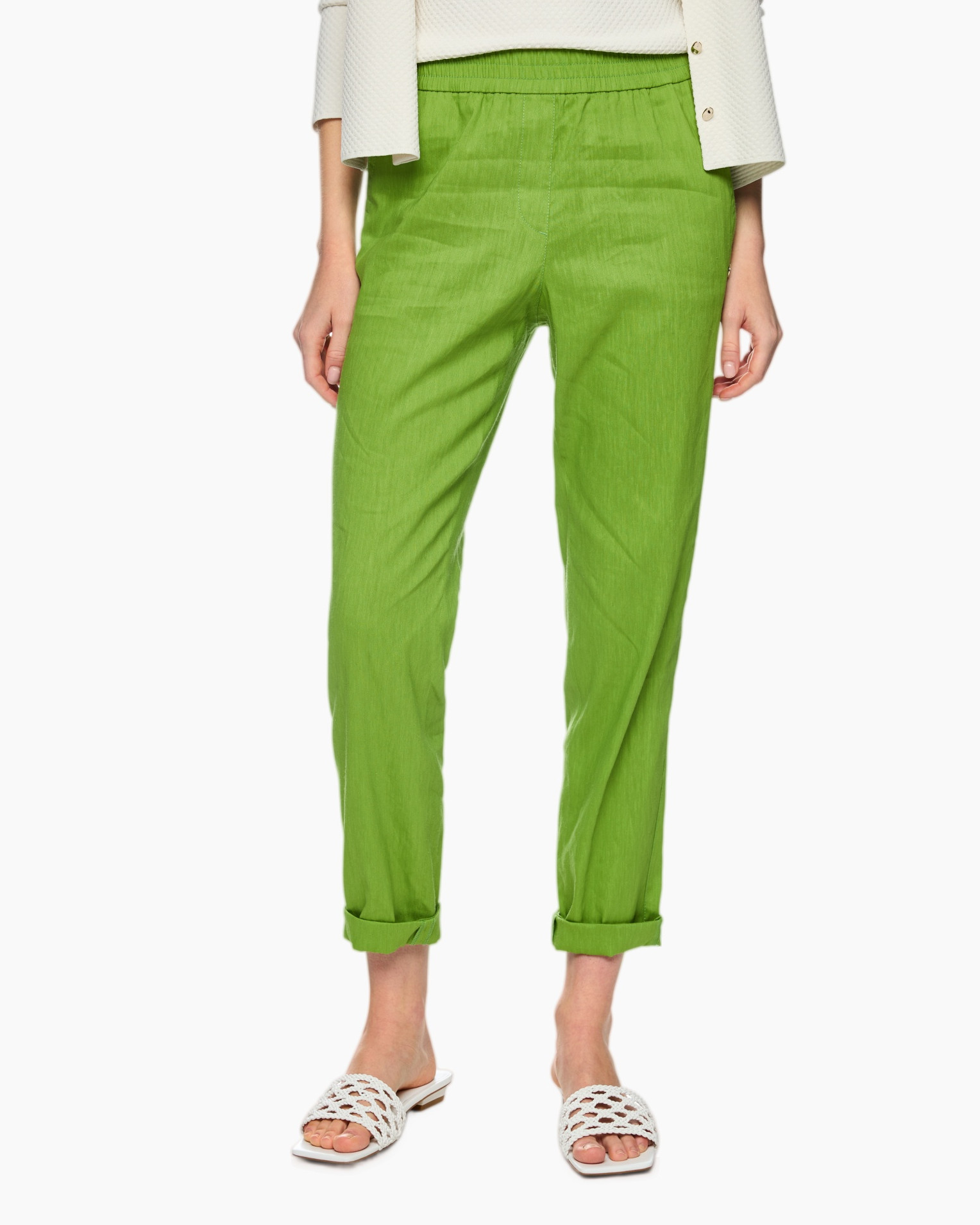 pants, green, linen, rolled cuffs, slip-on sandals