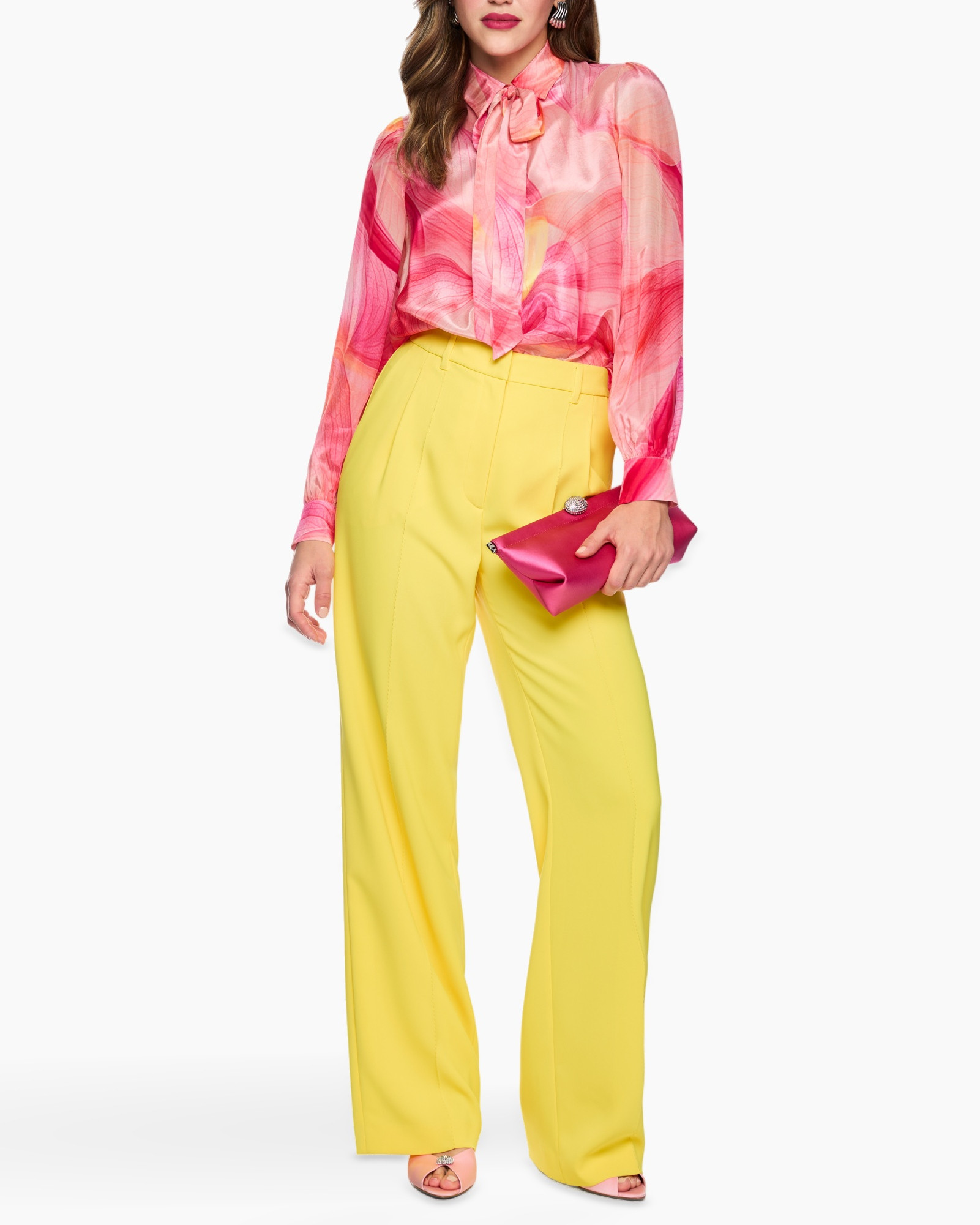 blouse, pink, sheer, tie-neck, trousers, yellow, pants, clutch, pink-clutch, open-toe-heel