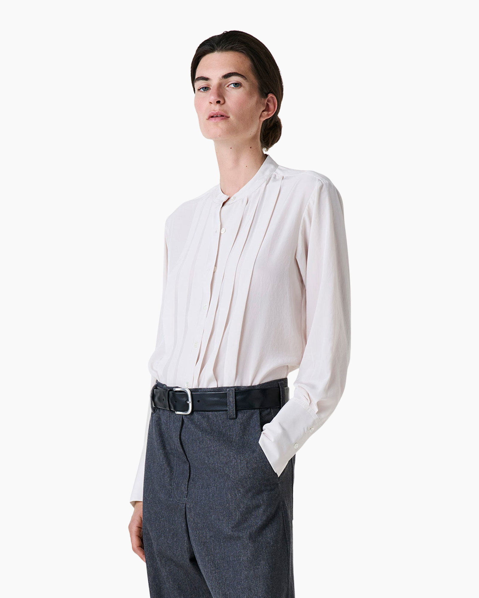 blouse, knopenkraag, plooien, wit, top