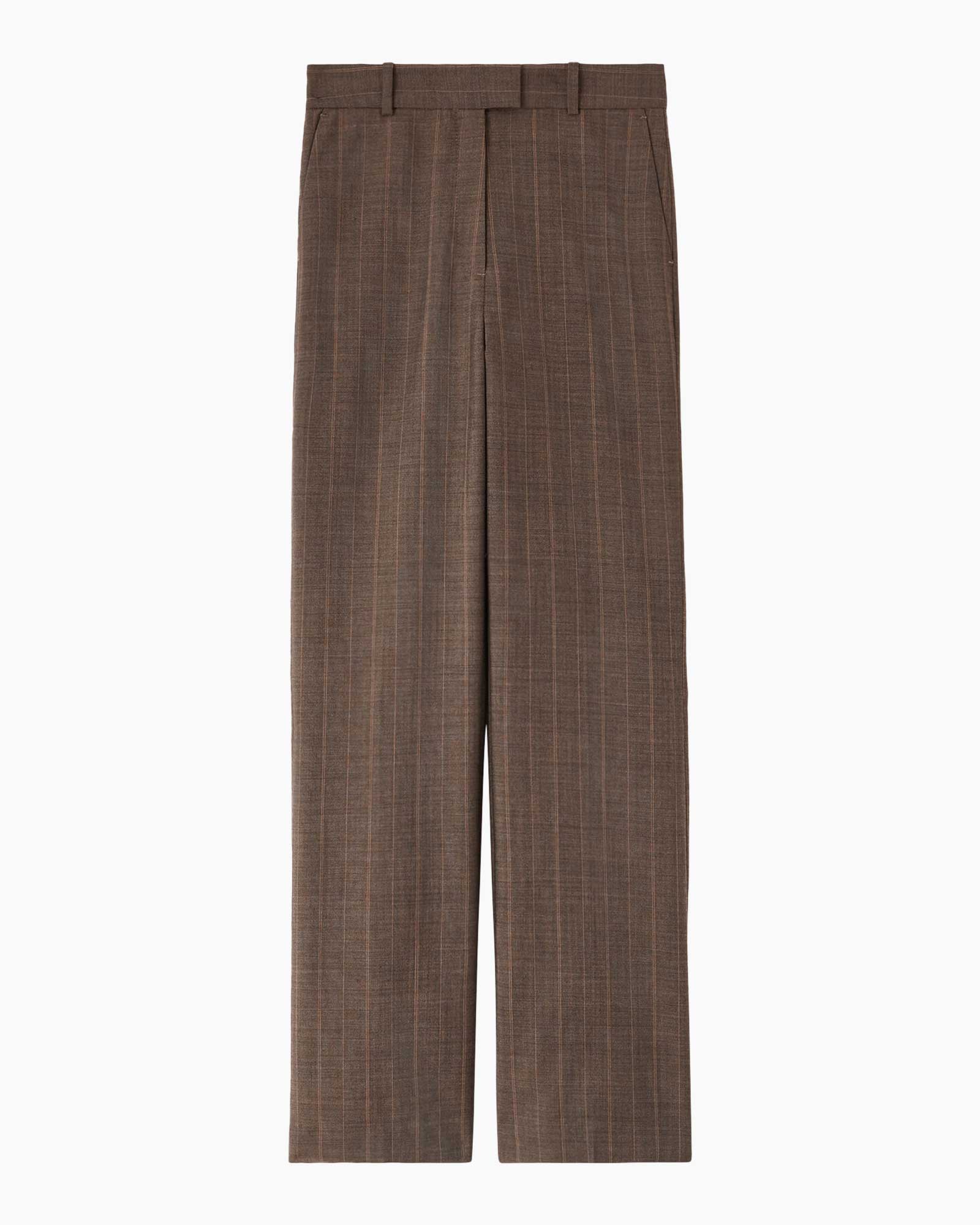 broek, streep, bruin, talieband, voor-plooi