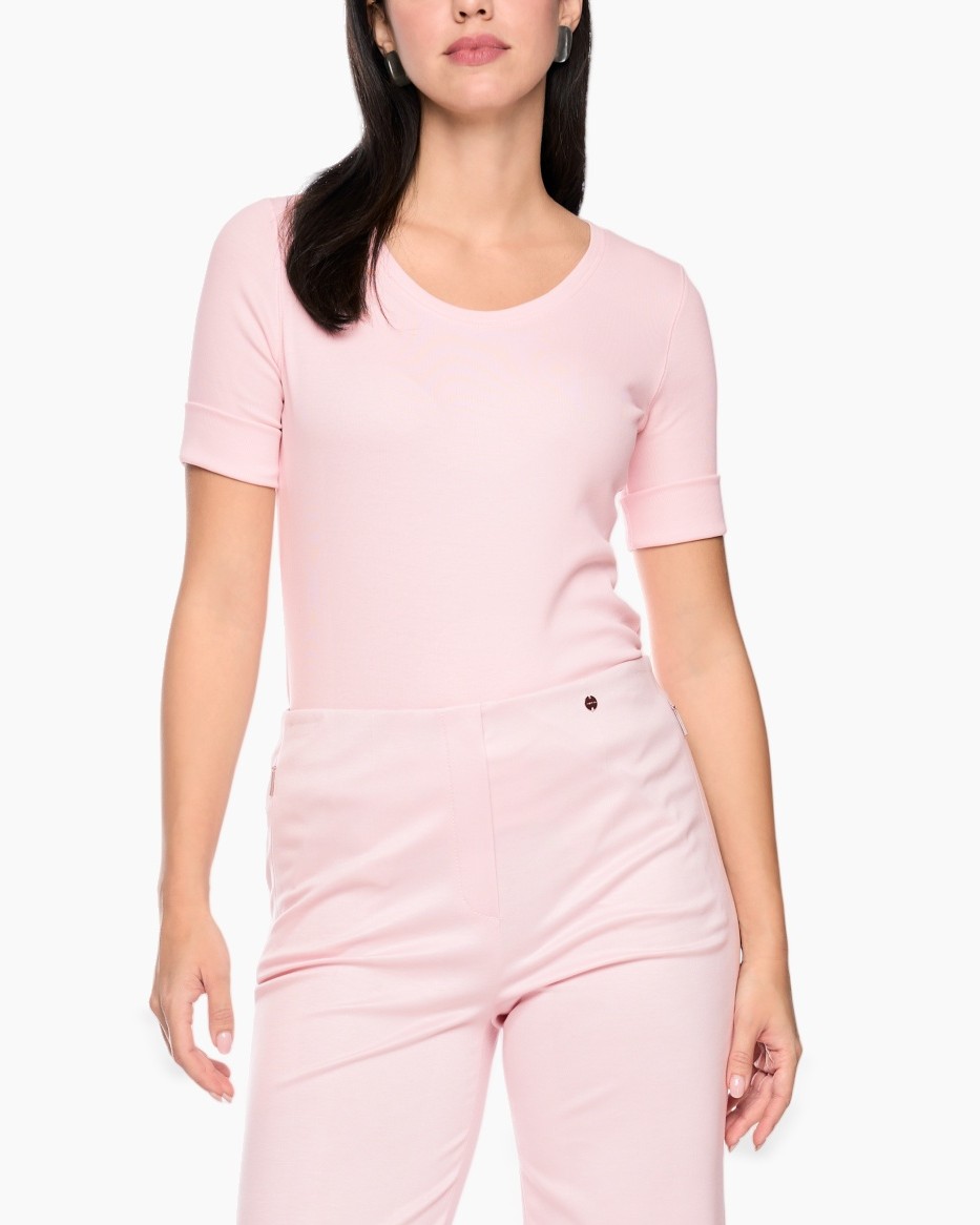 T-shirt, Roze, Korte mouwen, Ronde hals, Omgeslagen manchetten