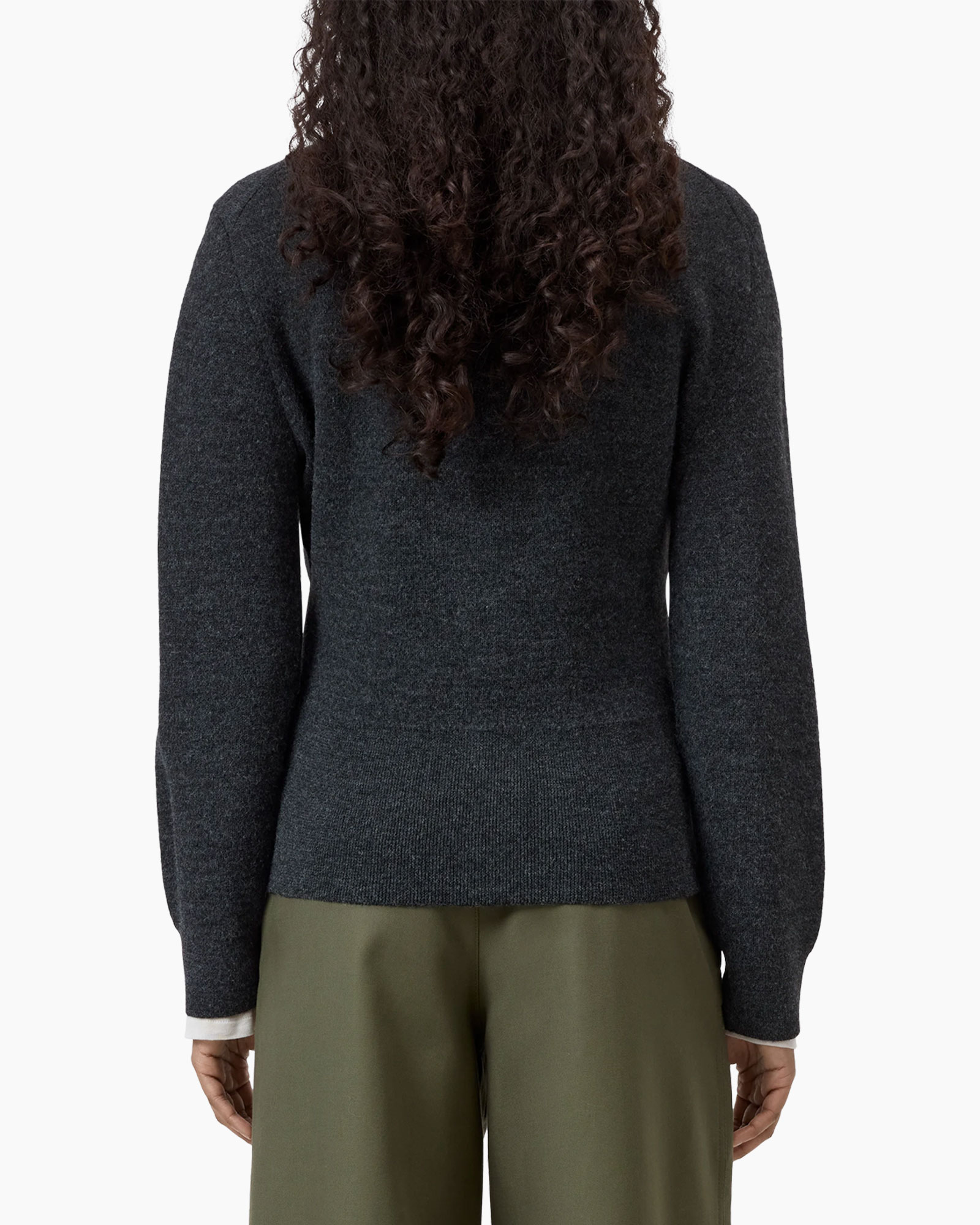 cardigan, breipull, donkergrijs, knopen, langemouw