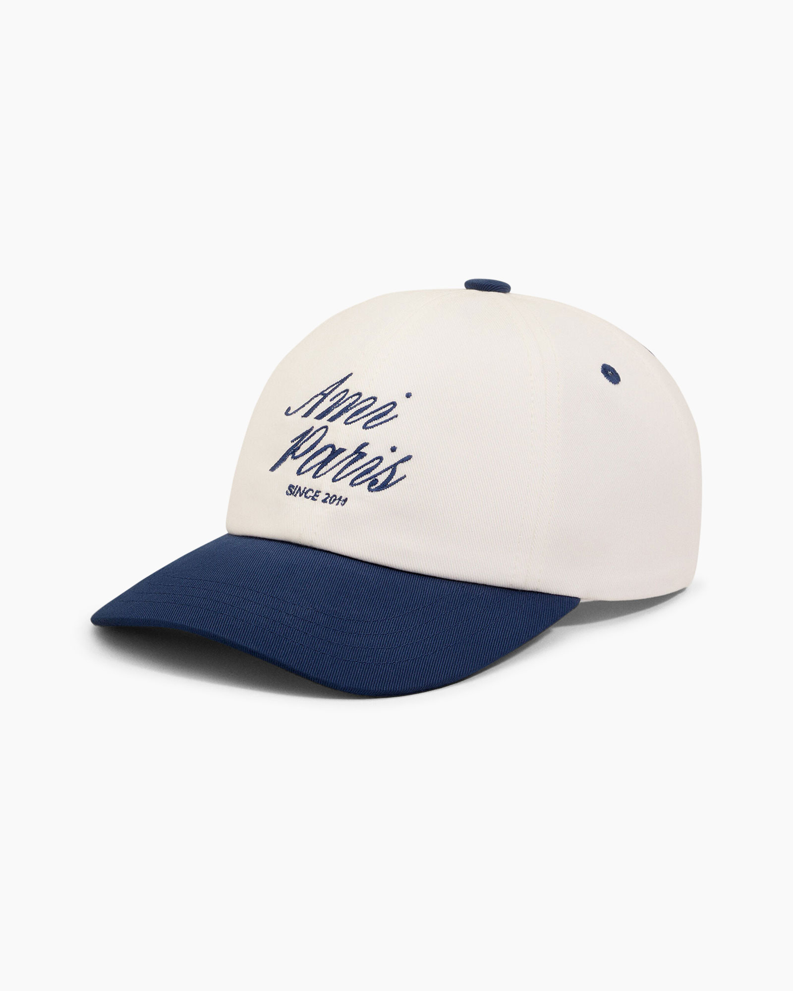 baseball cap, two-tone, navy brim, white crown, logo embroidery