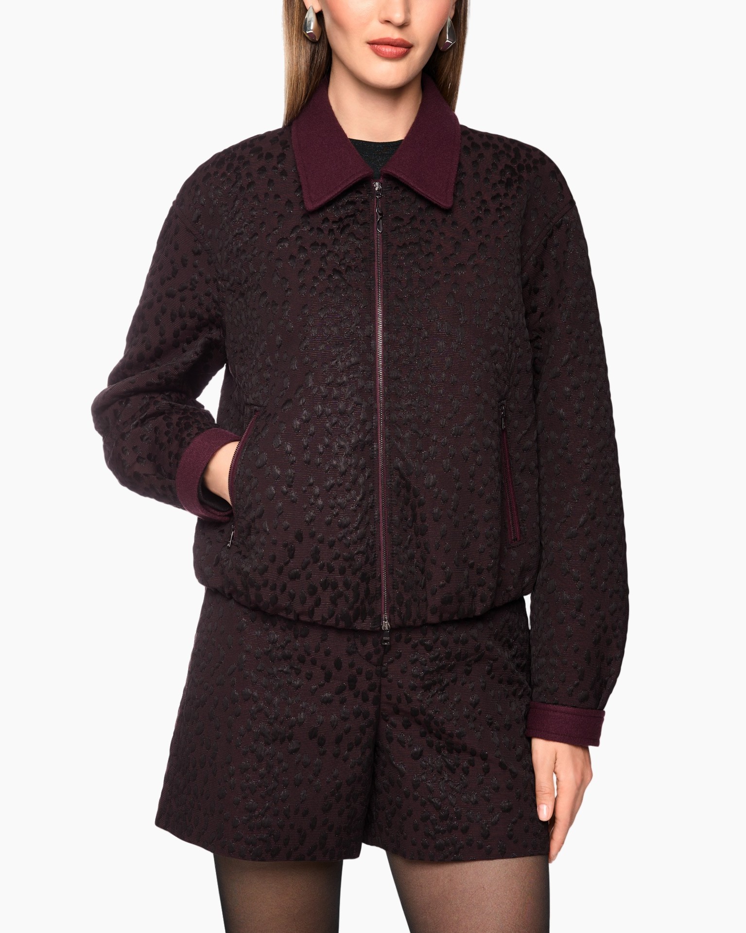 jas, shorts, patroon met textuur, rits, bordeaux